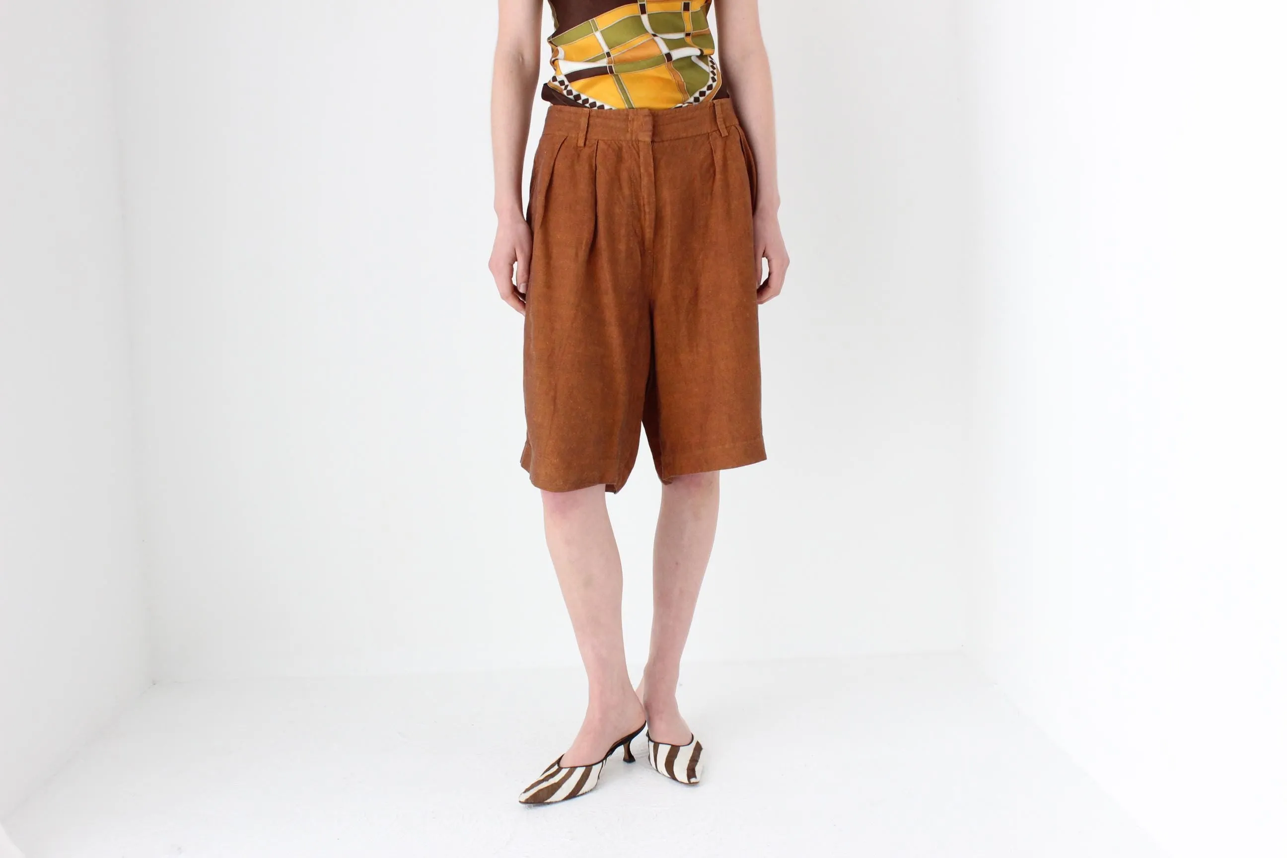 2000s Terracotta Linen Relaxed Bermuda Shorts by Sisley