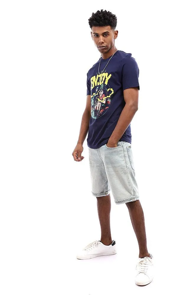 95094 Summer Printed Navy Blue Cotton T-Shirt