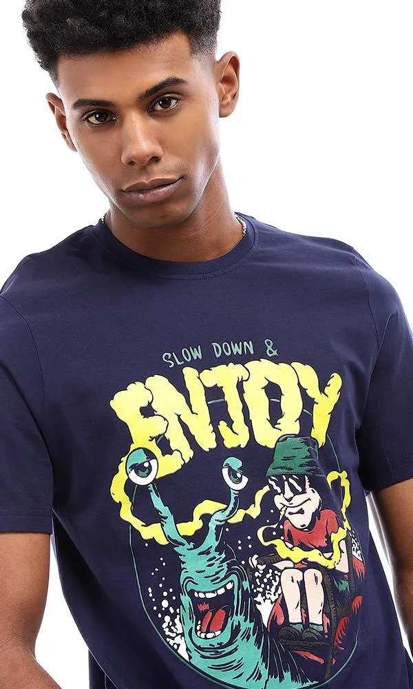 95094 Summer Printed Navy Blue Cotton T-Shirt