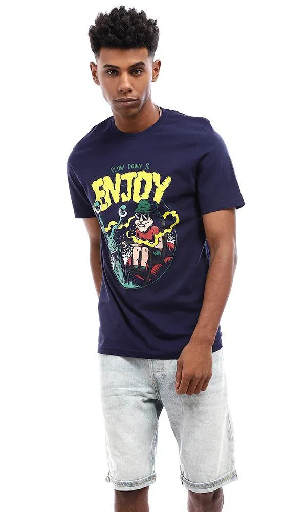 95094 Summer Printed Navy Blue Cotton T-Shirt