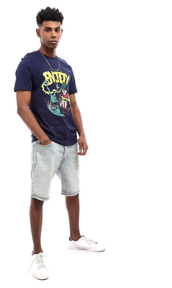 95094 Summer Printed Navy Blue Cotton T-Shirt
