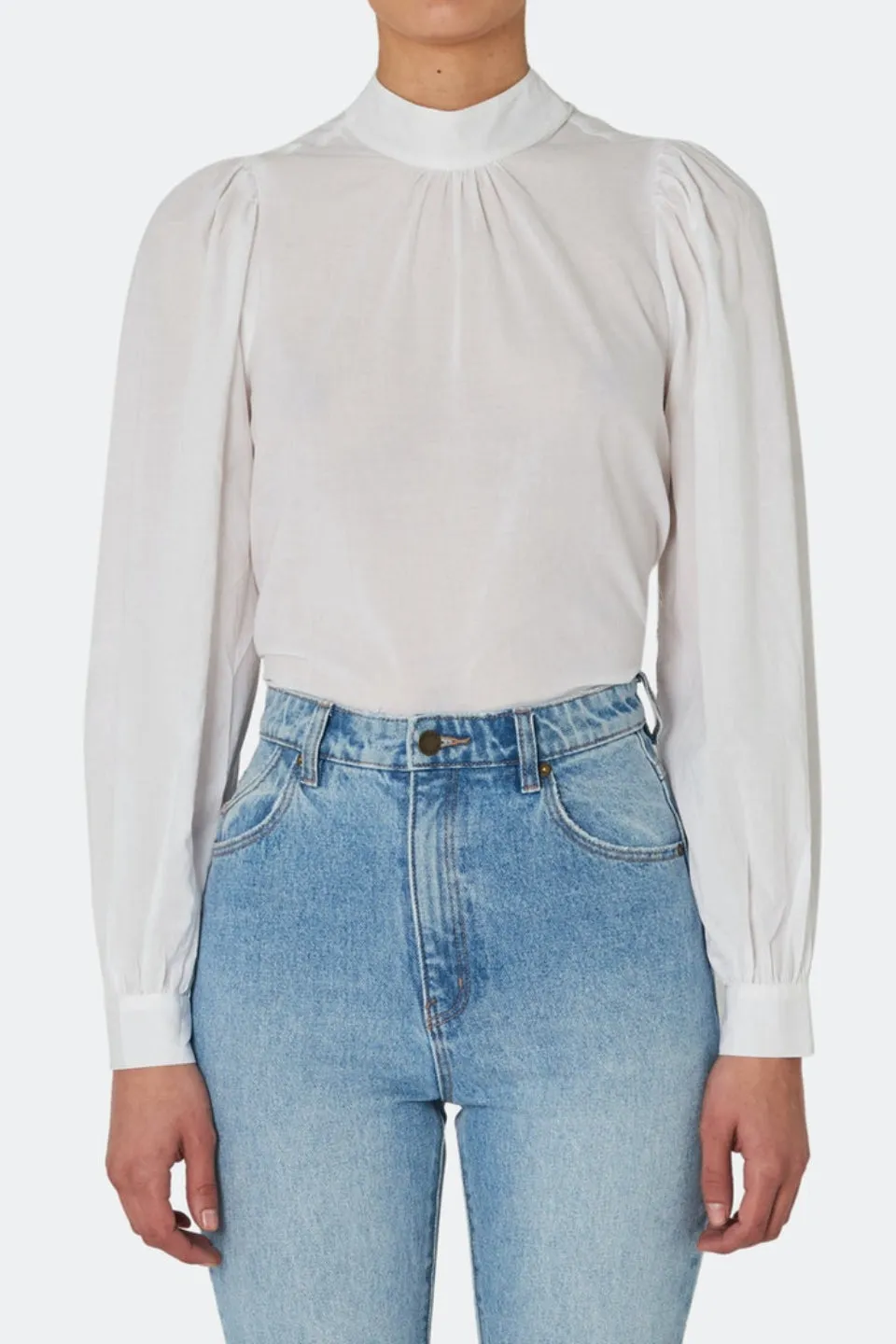 Allegra High Neck White Cotton Voile LS Top