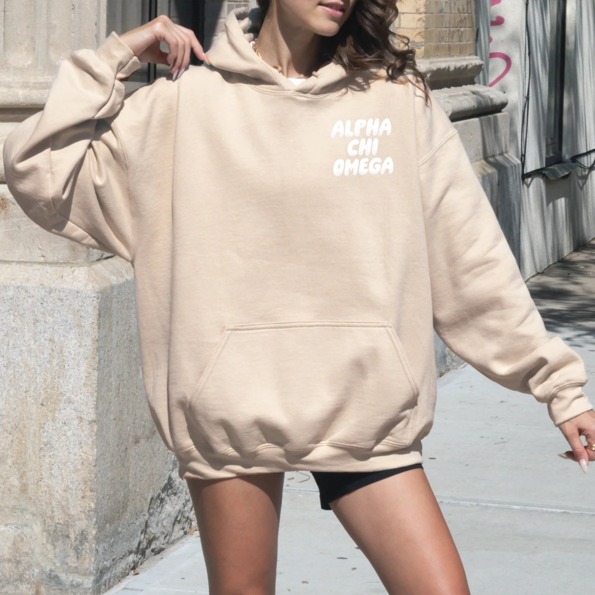 Alpha Chi Omega Tan Hoodie with Puff Design - Foxy Season