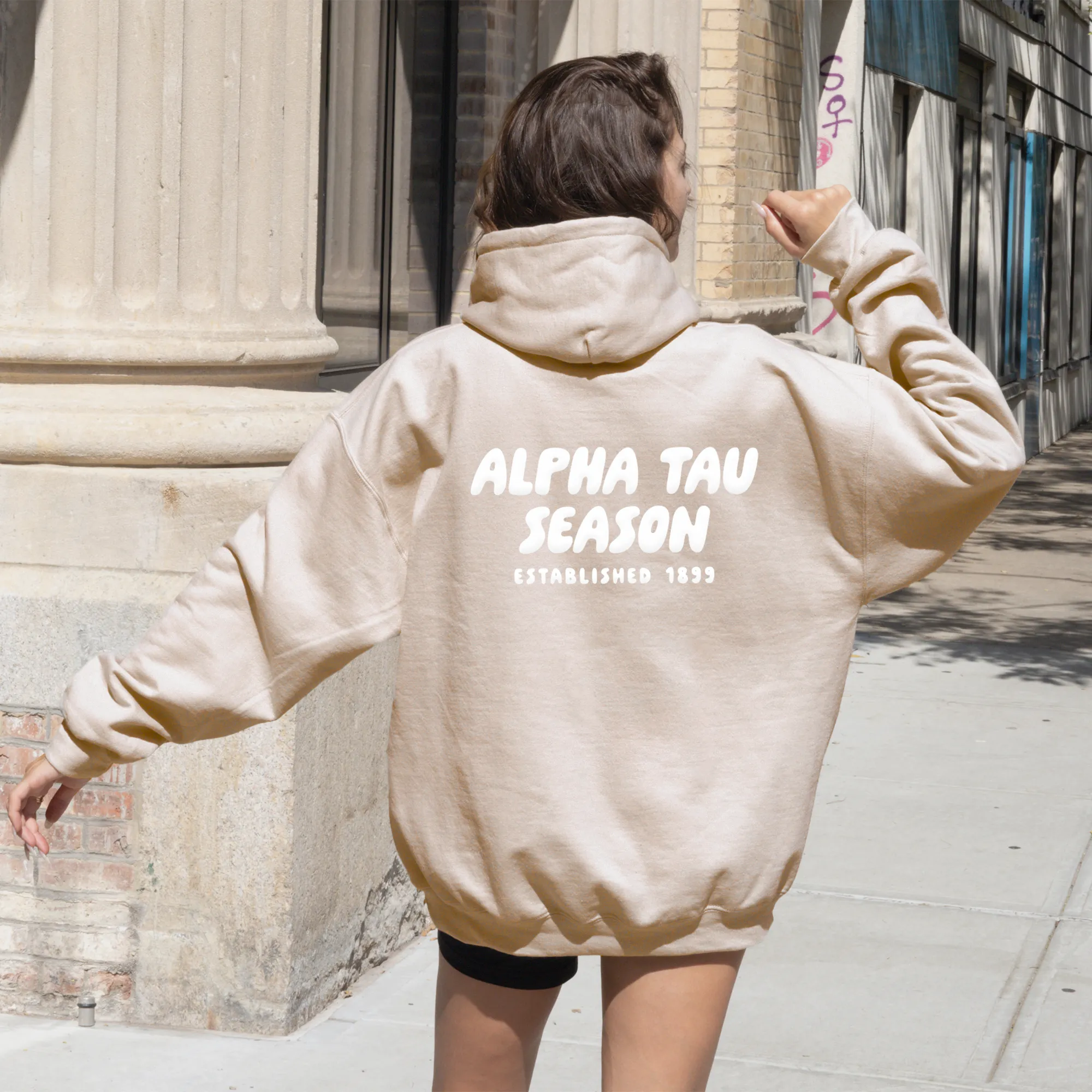 Alpha Sigma Tau Tan Hoodie with Puff Design - Foxy Season