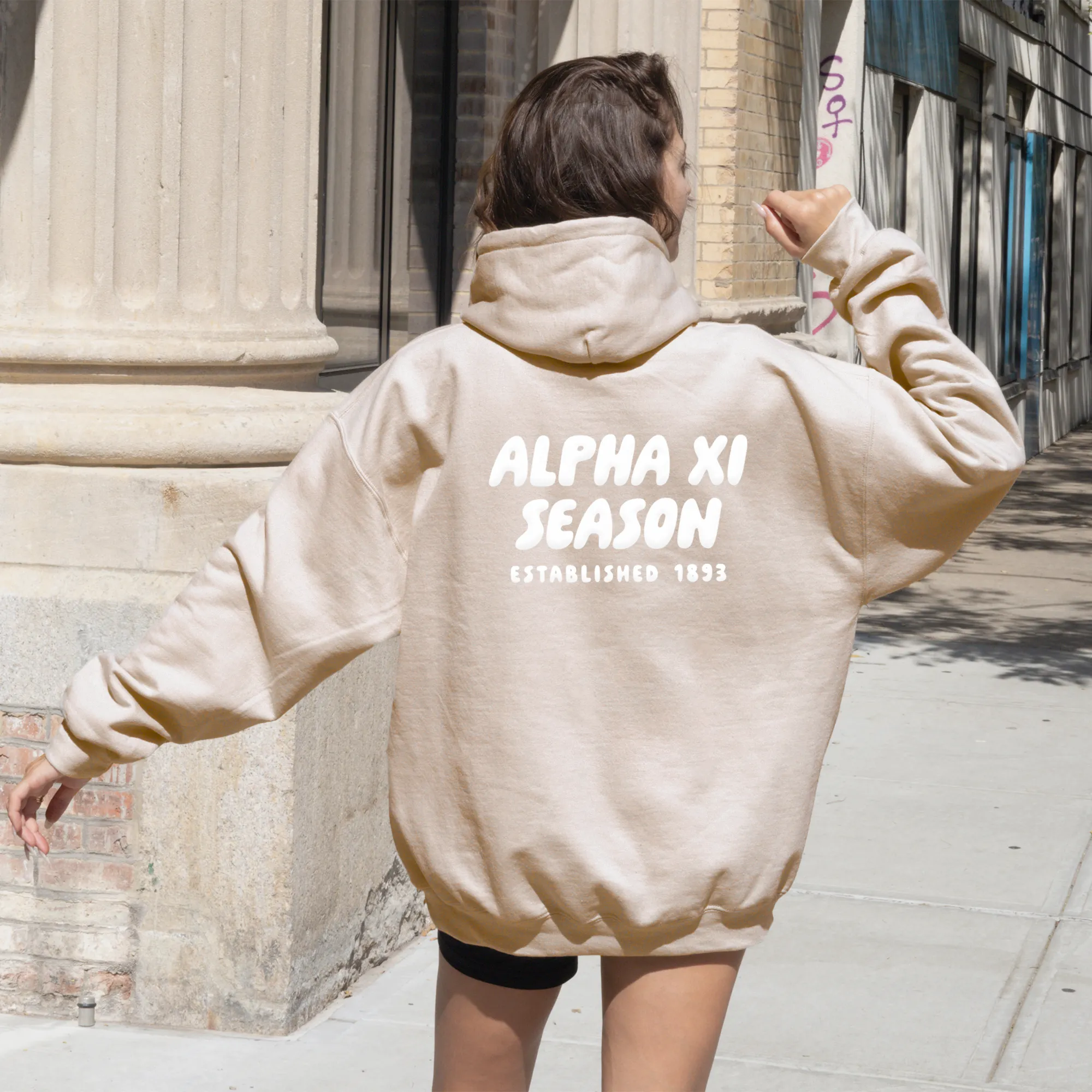 Alpha Xi Delta Tan Hoodie with Puff Design - Foxy Season