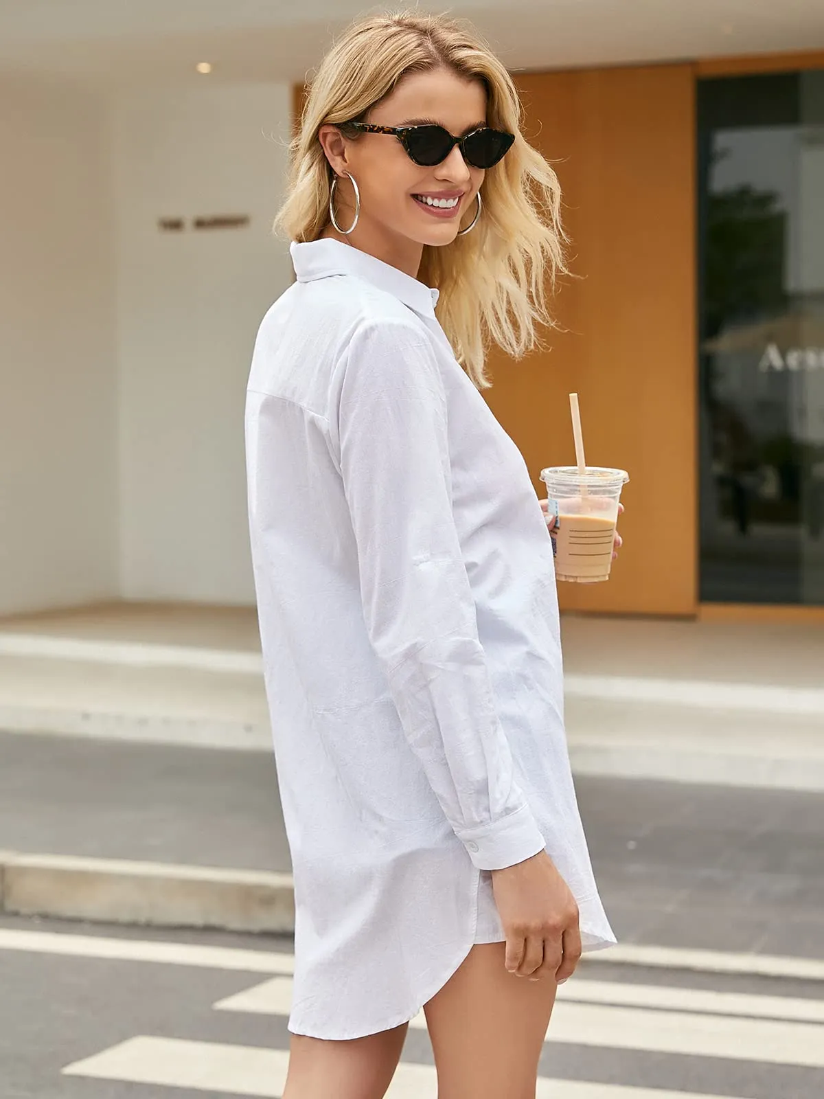 Auxo Women Casual Loose Button V Neck Long Sleeve Shirt Irregular Oversized Long Tops Blouse XL Solid White
