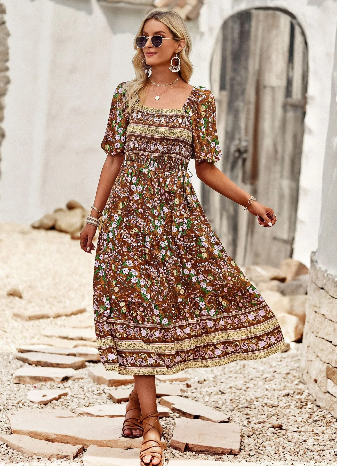 Beach Square Neck Bohemian Print Dress