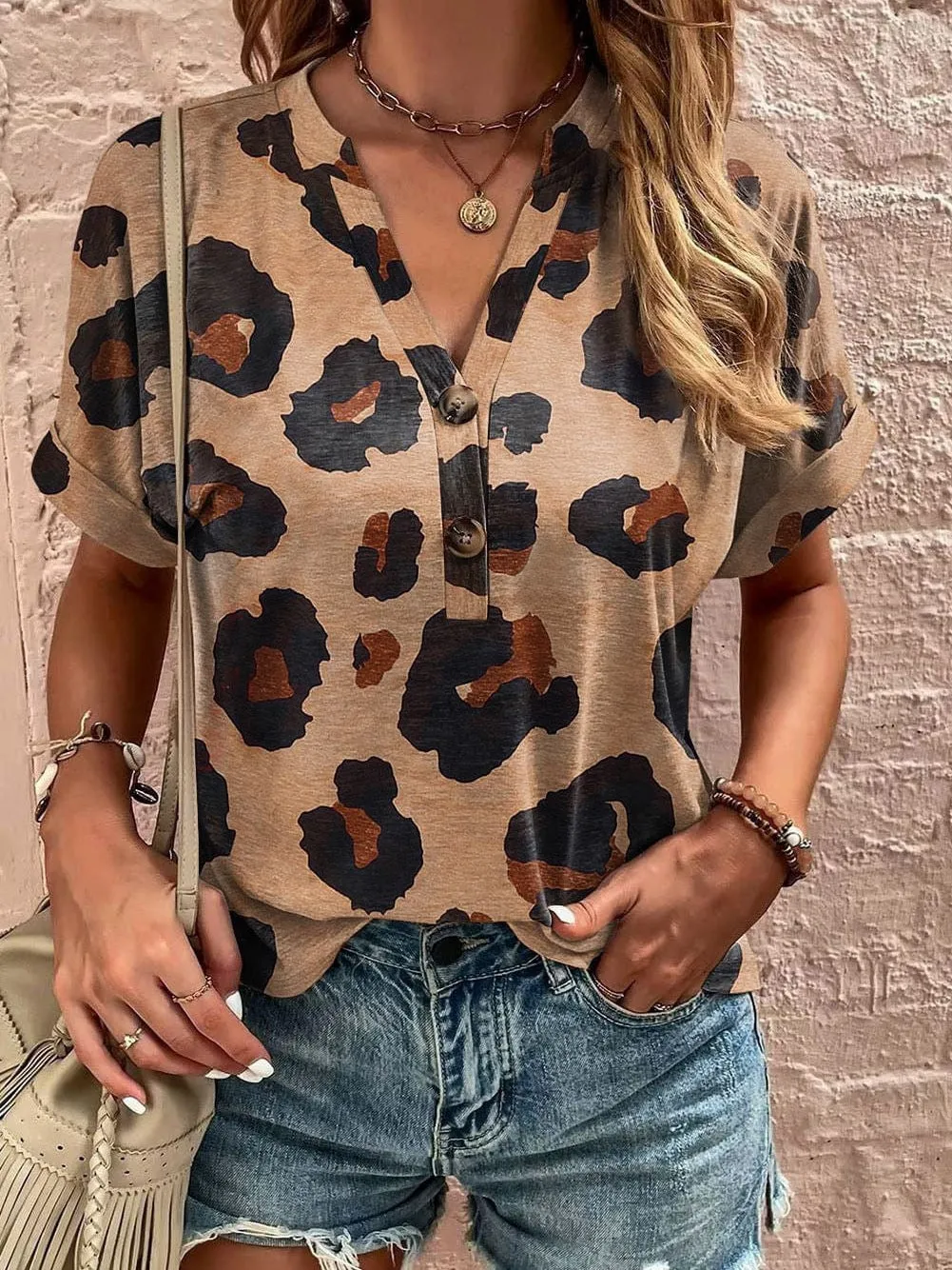 Beige Leopard Print Button-Up Tee
