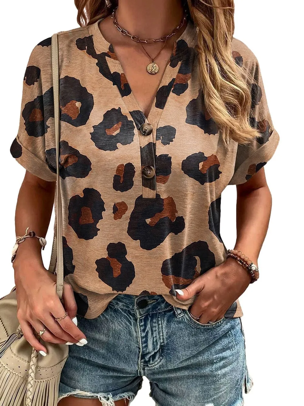 Beige Leopard Print Button-Up Tee