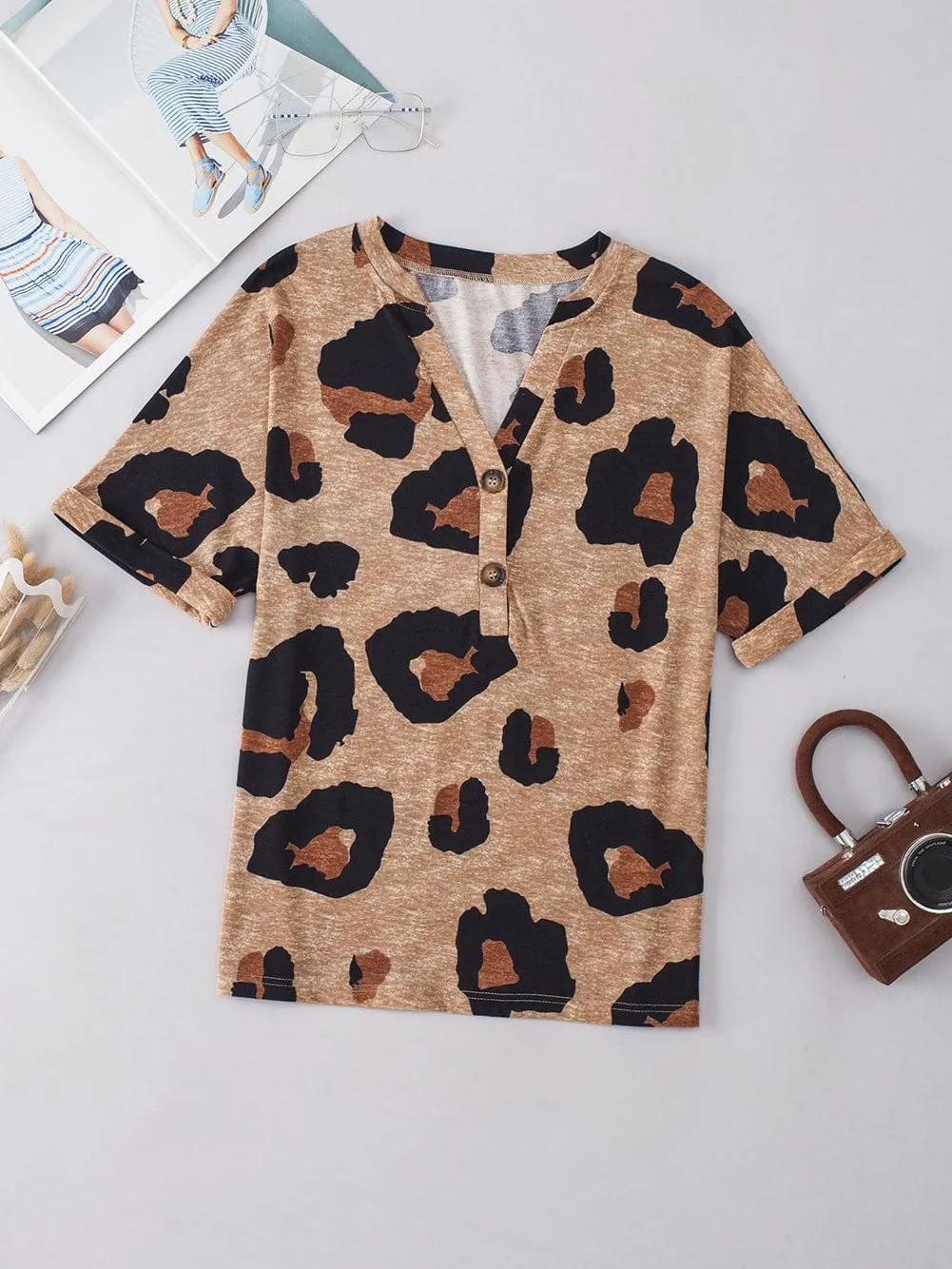 Beige Leopard Print Button-Up Tee