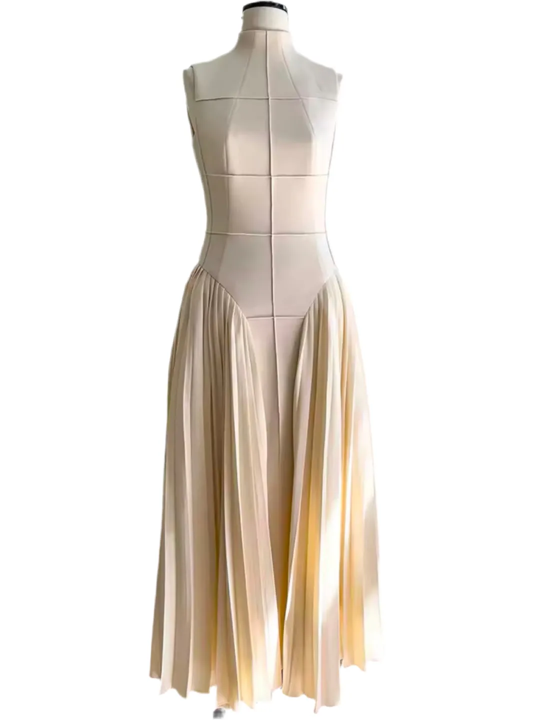 Beige pleated maxi dress