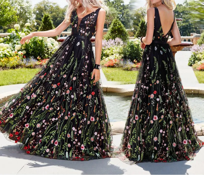 Black V-Neck Sleeveless Flower Embroidered Tulle Maxi Dress