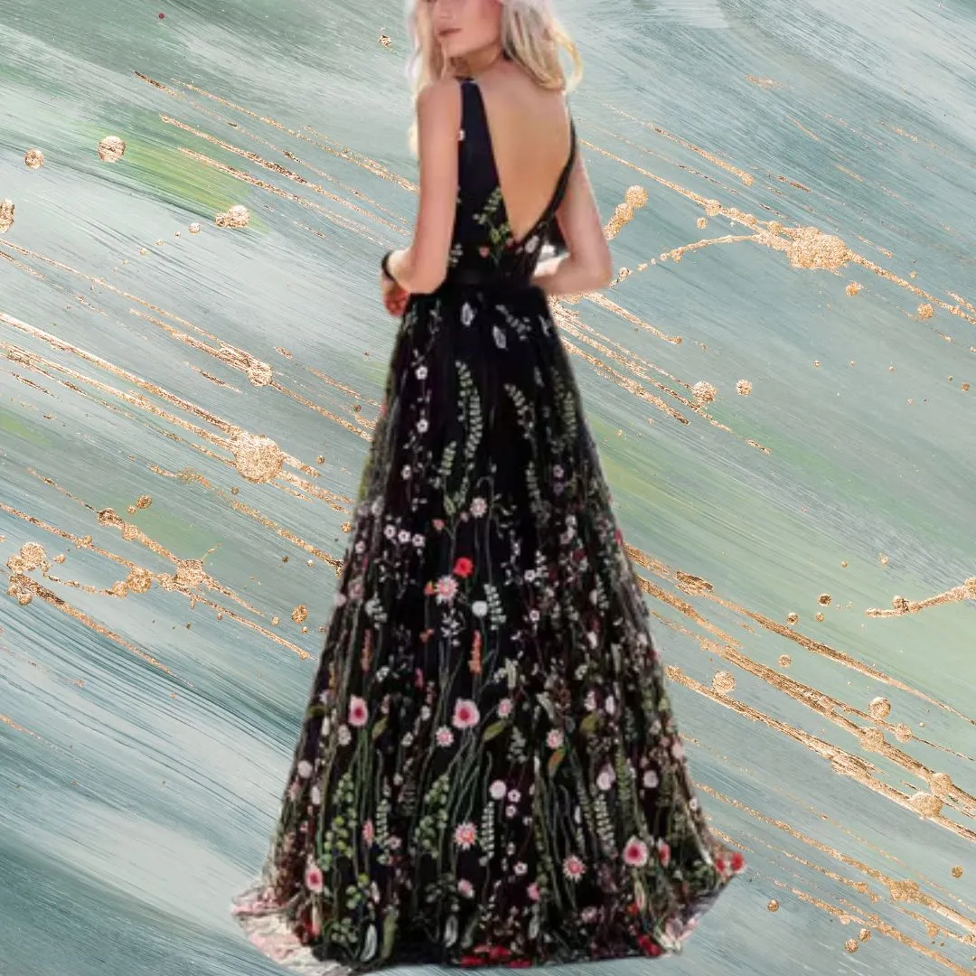 Black V-Neck Sleeveless Flower Embroidered Tulle Maxi Dress
