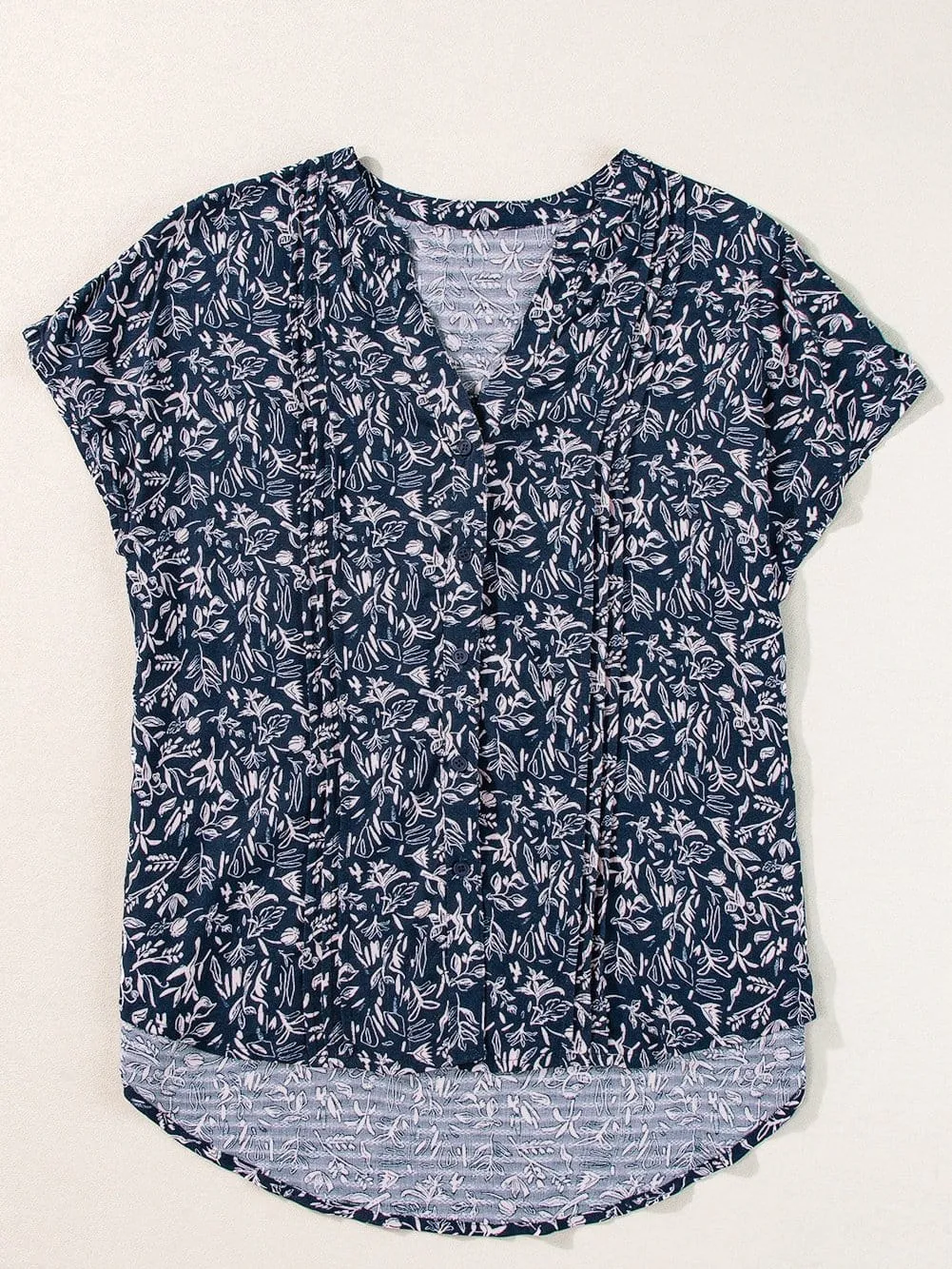 Blue Abstract Patterned V Neck Button-Up Blouse