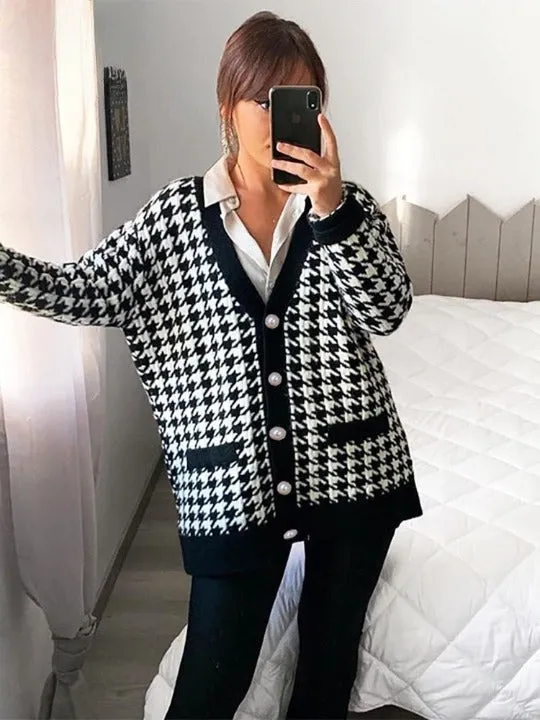 Button black houndstooth cardigan