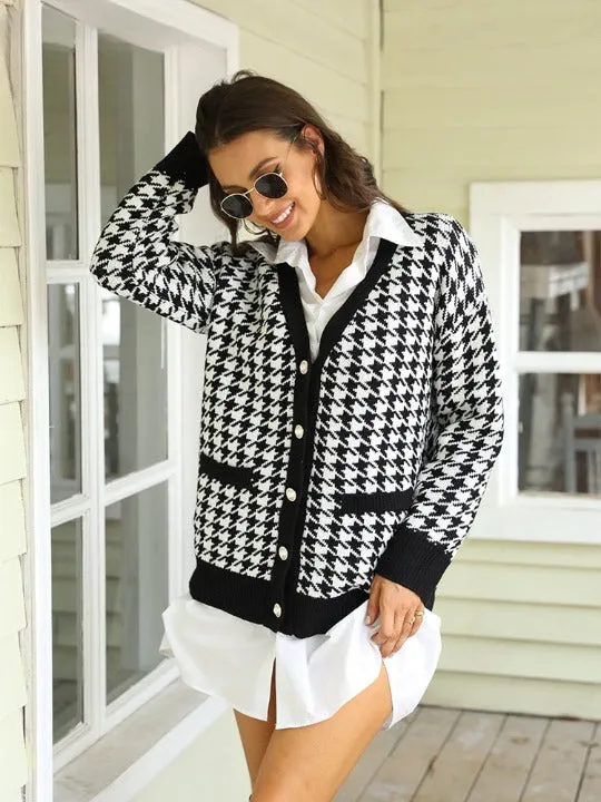 Button black houndstooth cardigan