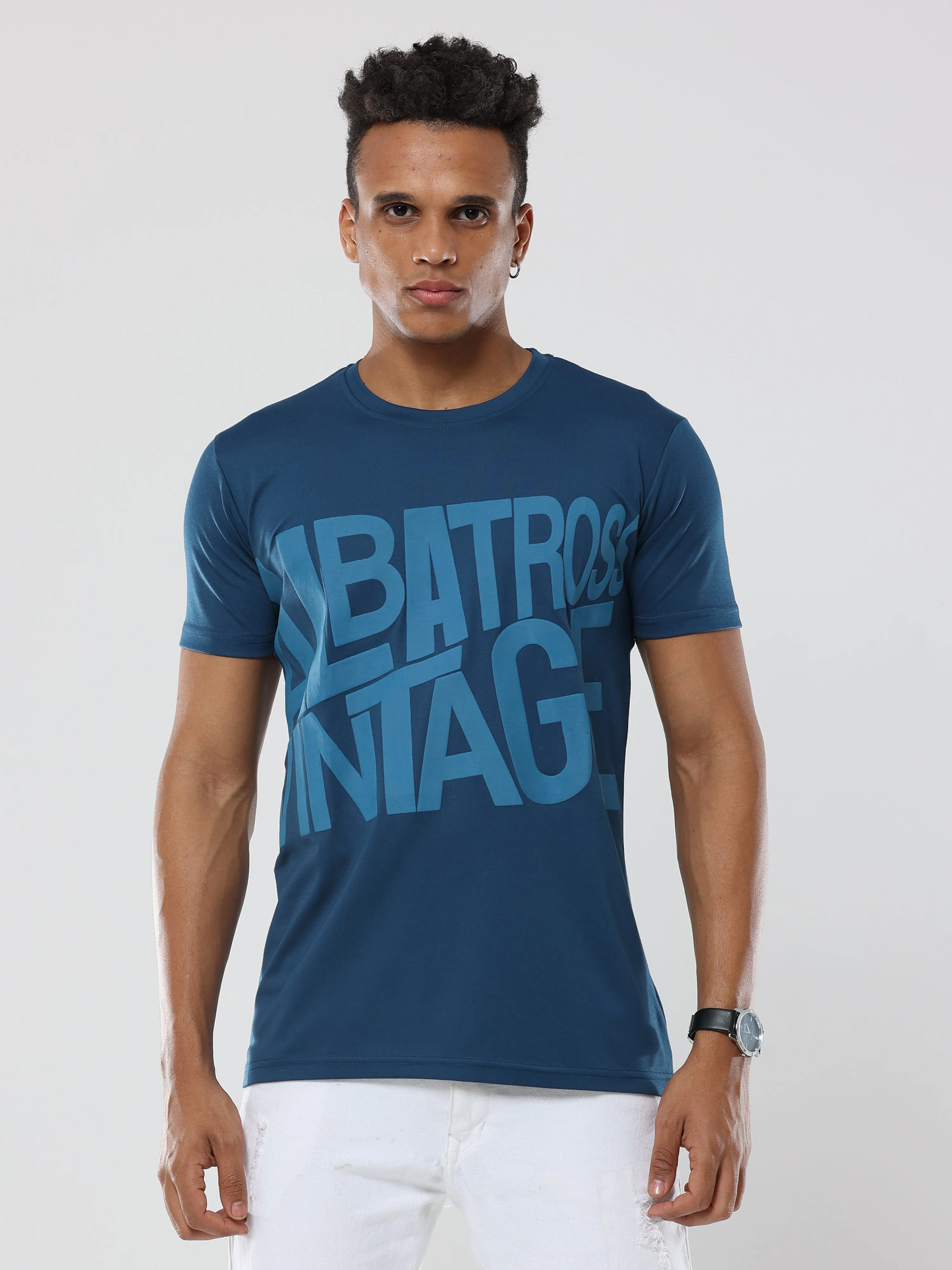 Classic Italian Cobalt Blue Albatross Vintage puff printed T-shirt for men