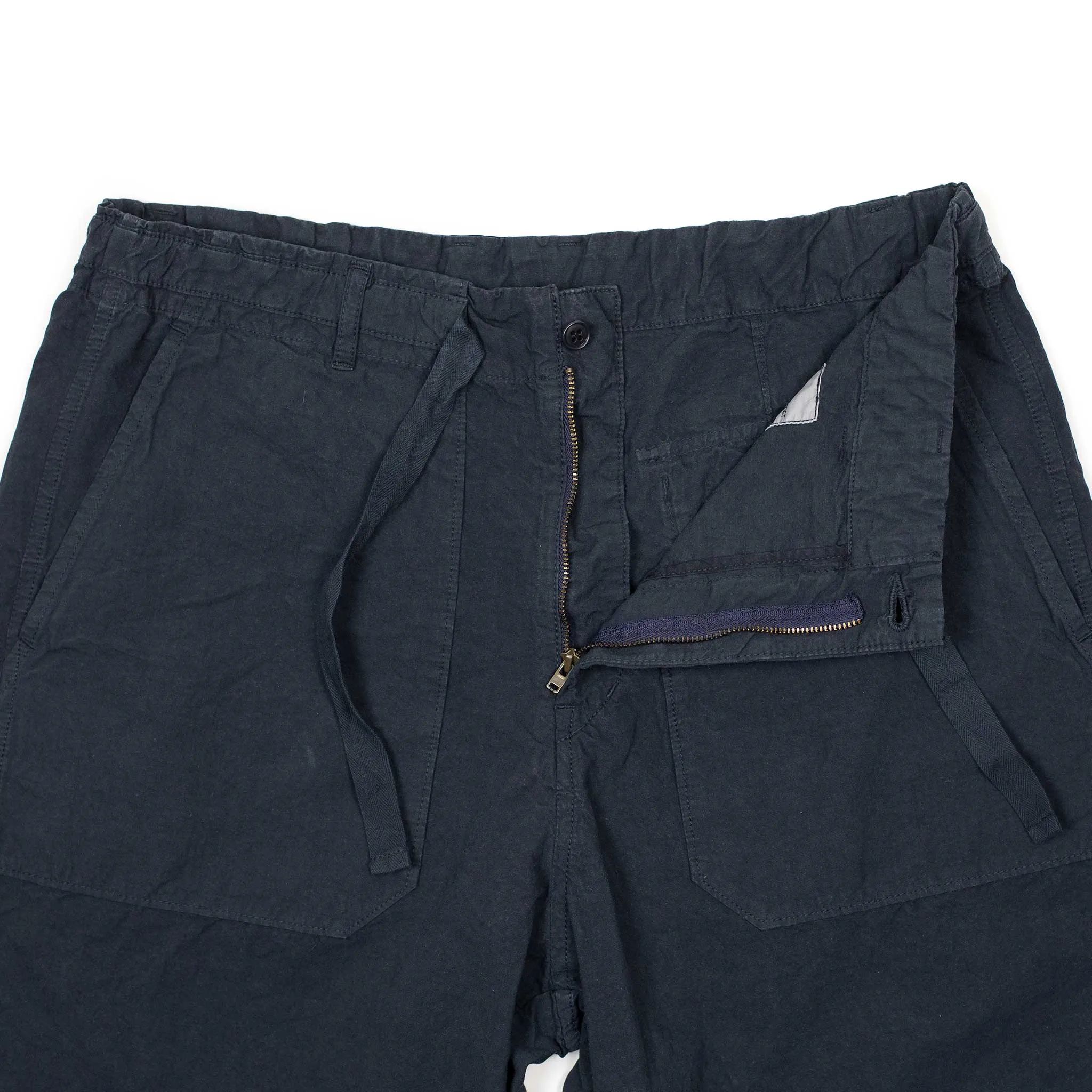 Drawstring baker pants in garment dyed navy cotton hemp