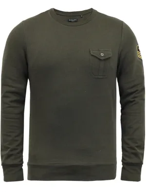 Fiction Crew Neck Military Sweatshirt with Aviator Badge in Khaki