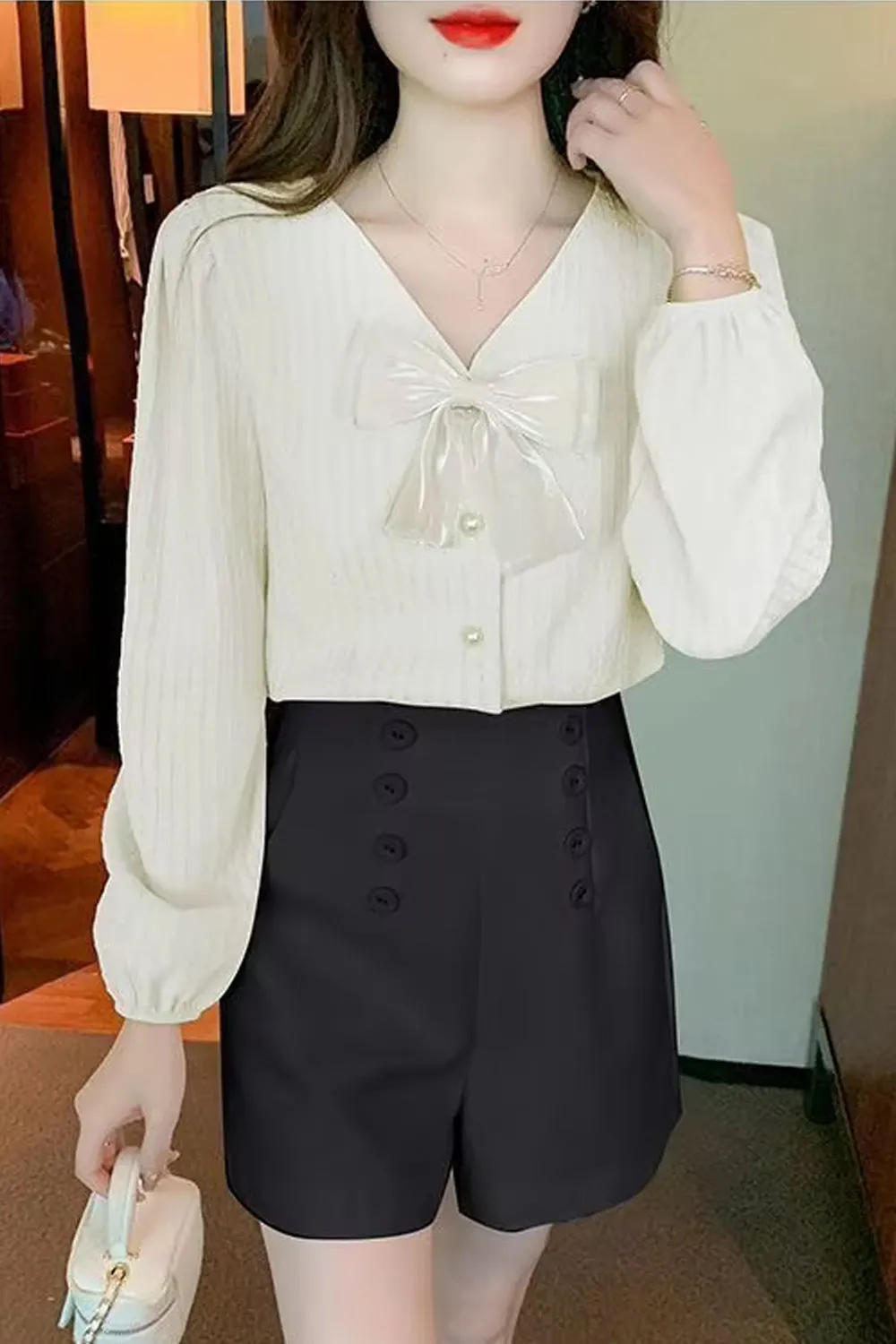 Flytonn-cute winter outfits casual winter outfits christmas outfit party look inspos Long Sleeve V-Neck Cute Bow Blouse Shirt