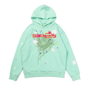 Fresh Mint Green Sp5der Hoodie - Trendy Web and Star Print Hooded Sweatshirt