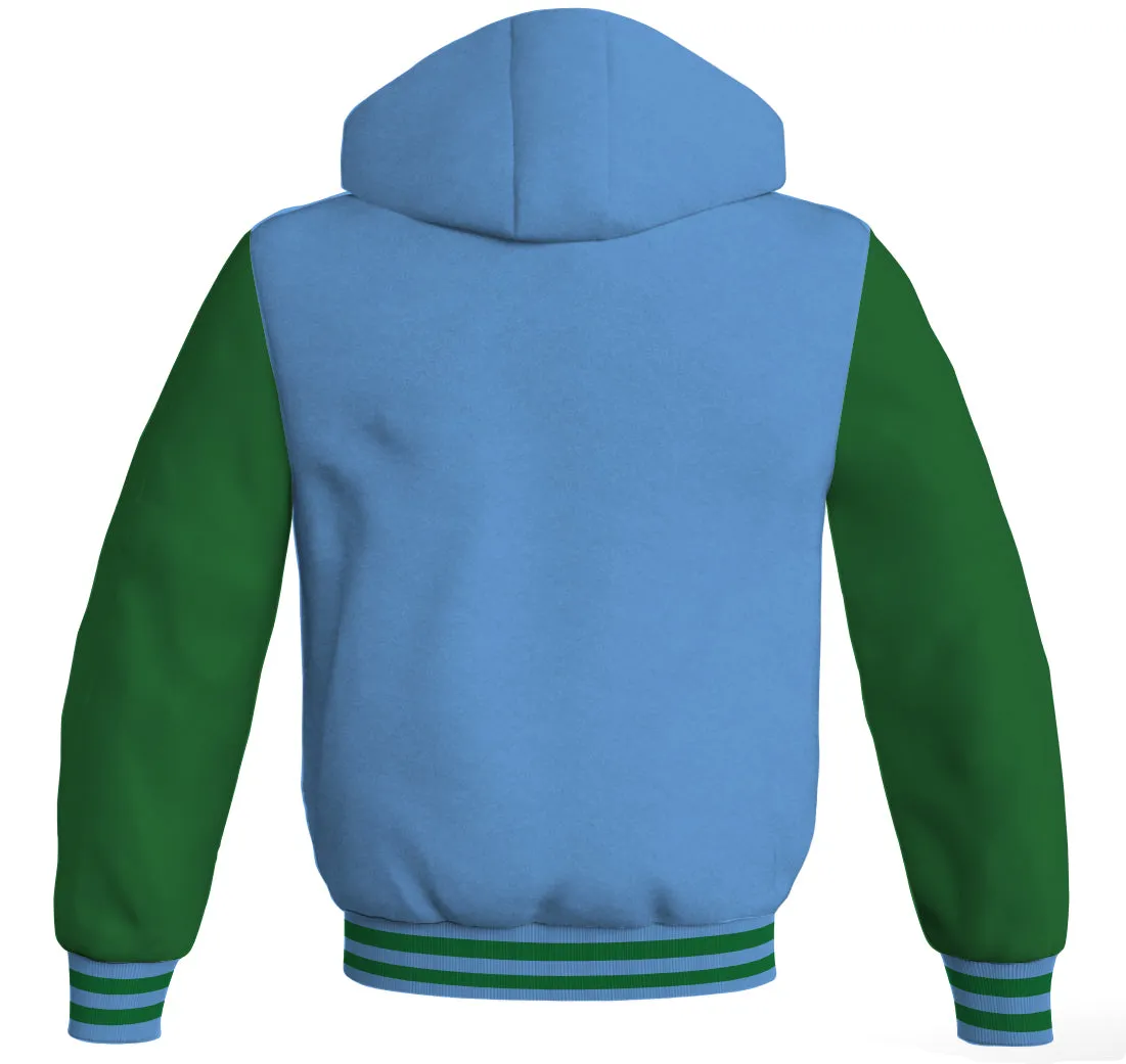 Letterman Bomber Hoodie Jacket Sky Blue Body Green Leather Sleeves
