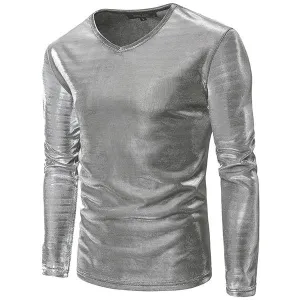 Mens Fashion Personalized Nightclub Solid Color Long Sleeve Bright Casual T-shirt