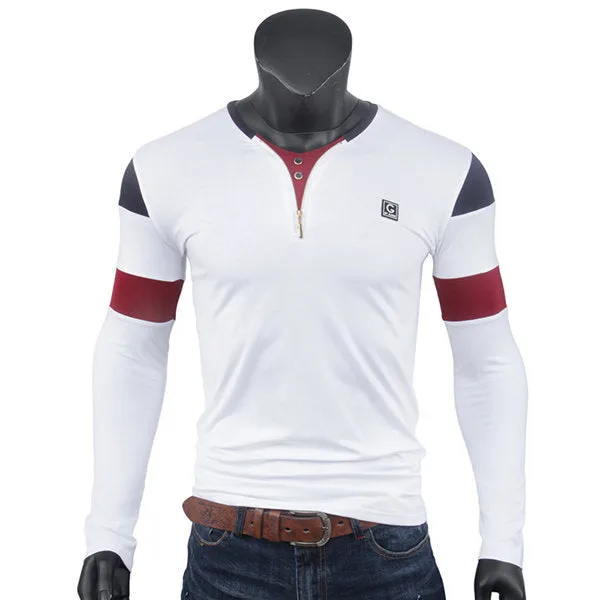 Mens Slim Fit Zipper V-Neck Long Sleeve T-Shirt