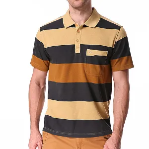 Mens Stripe Printed Turn-down Collar Short Sleeve Casual Business Polo Shirt