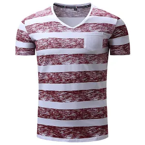 Mens Summer Striped Printed V-neck Short Sleeve Casual Cotton T-shirt