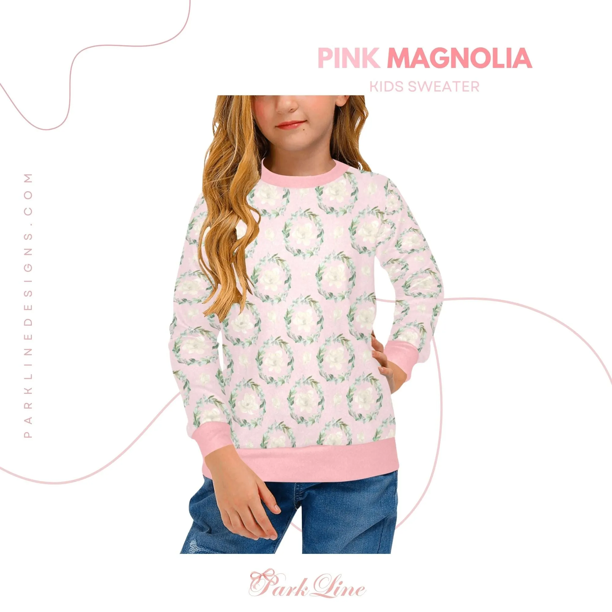 Pink Magnolia Crew Neck Sweatshirt | Soft Pink and Blue All Over Print | Cozy Fall & Winter Wardrobe Essential