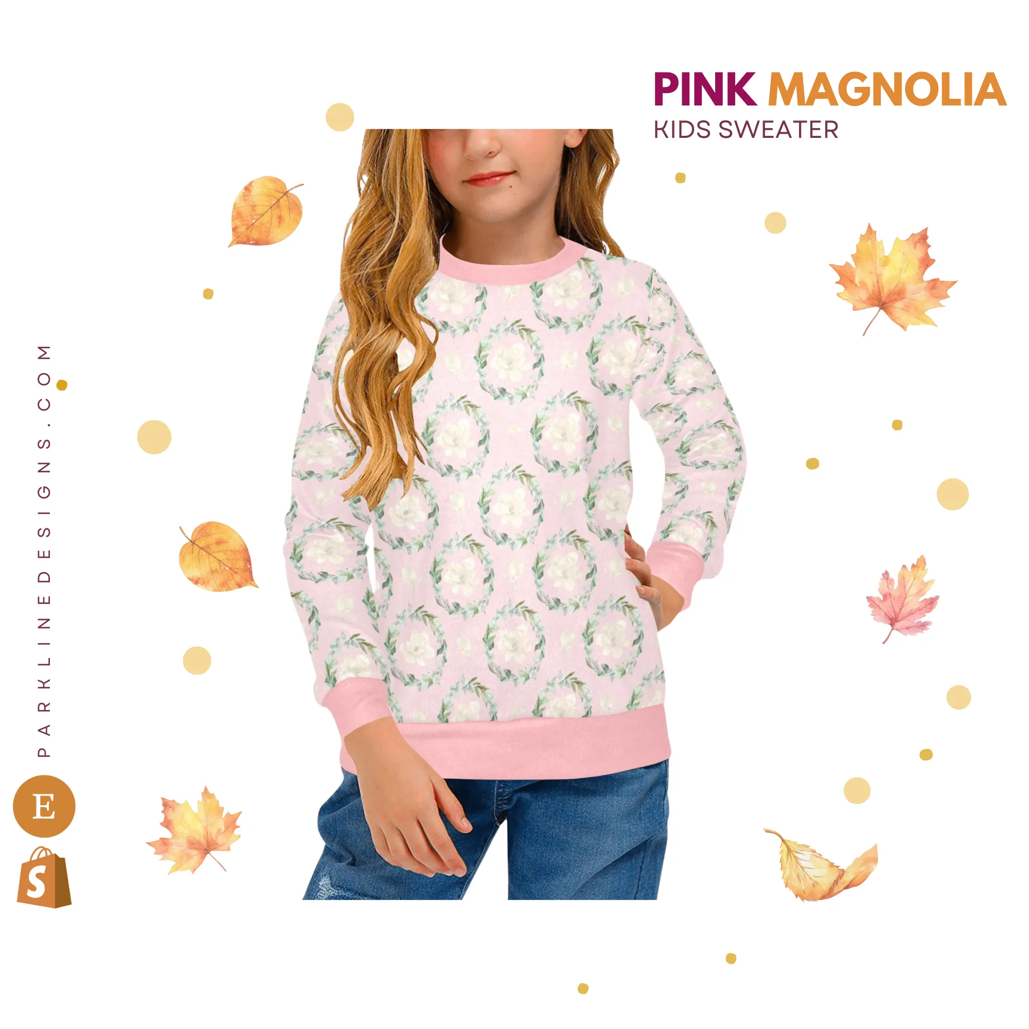 Pink Magnolia Crew Neck Sweatshirt | Soft Pink and Blue All Over Print | Cozy Fall & Winter Wardrobe Essential