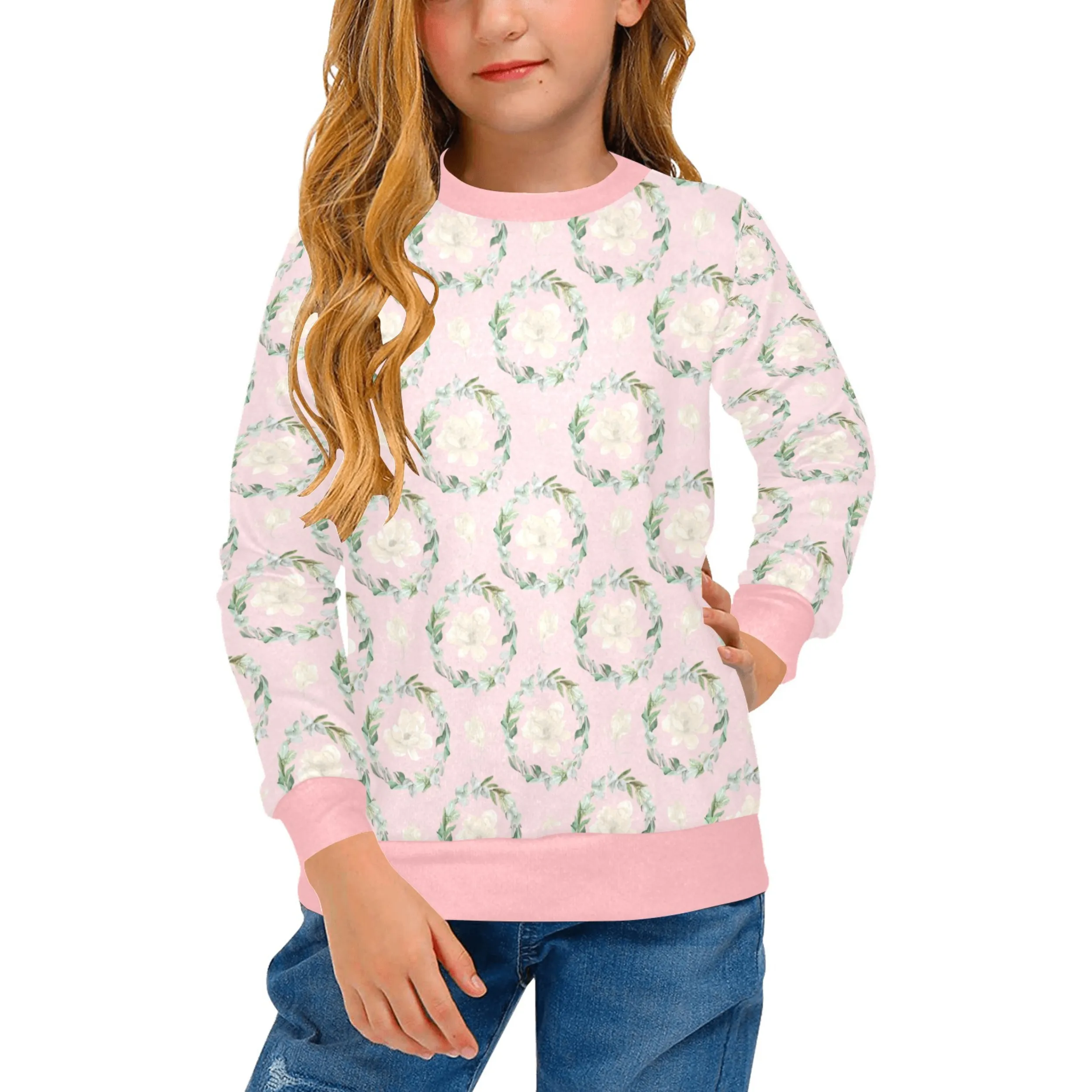 Pink Magnolia Crew Neck Sweatshirt | Soft Pink and Blue All Over Print | Cozy Fall & Winter Wardrobe Essential
