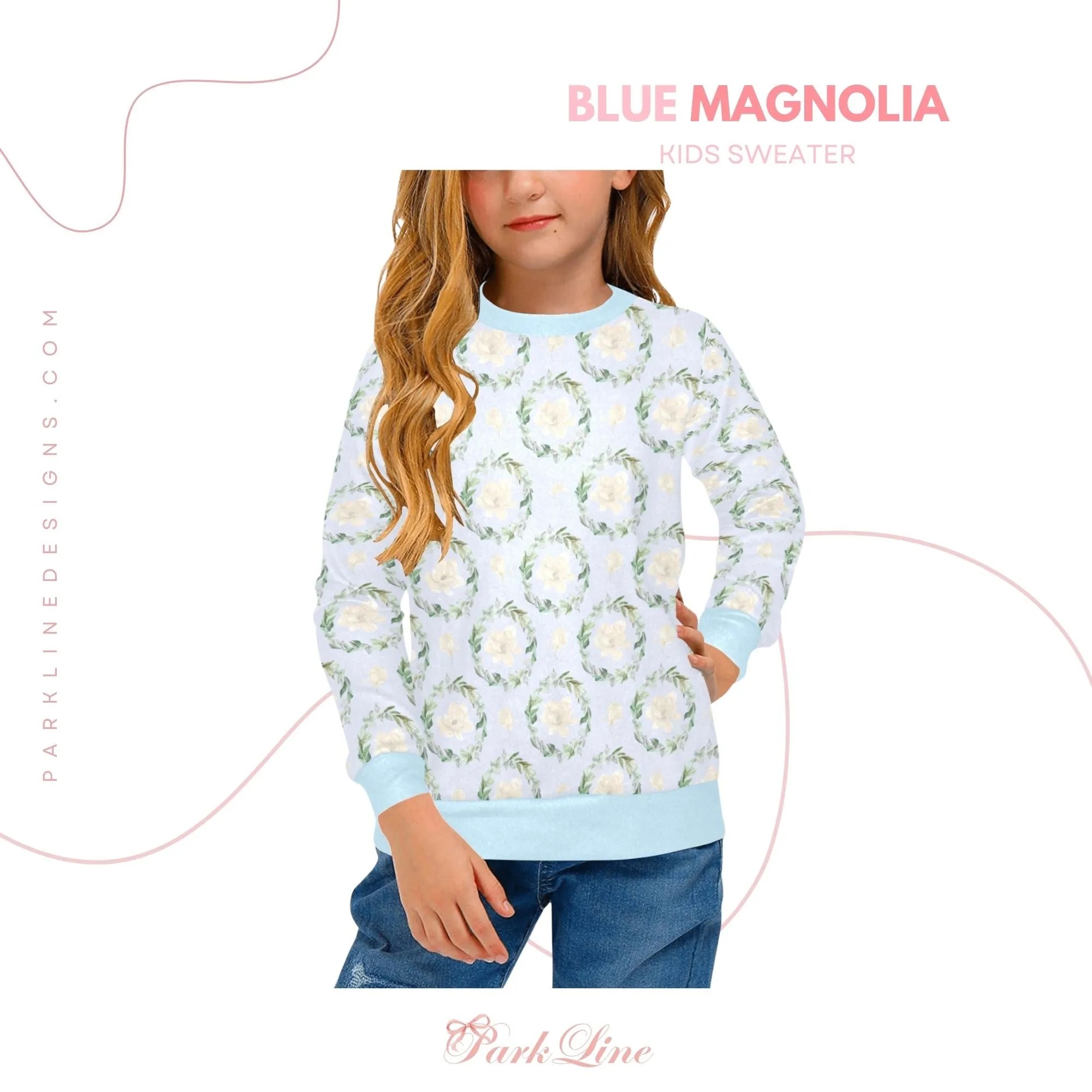 Pink Magnolia Crew Neck Sweatshirt | Soft Pink and Blue All Over Print | Cozy Fall & Winter Wardrobe Essential