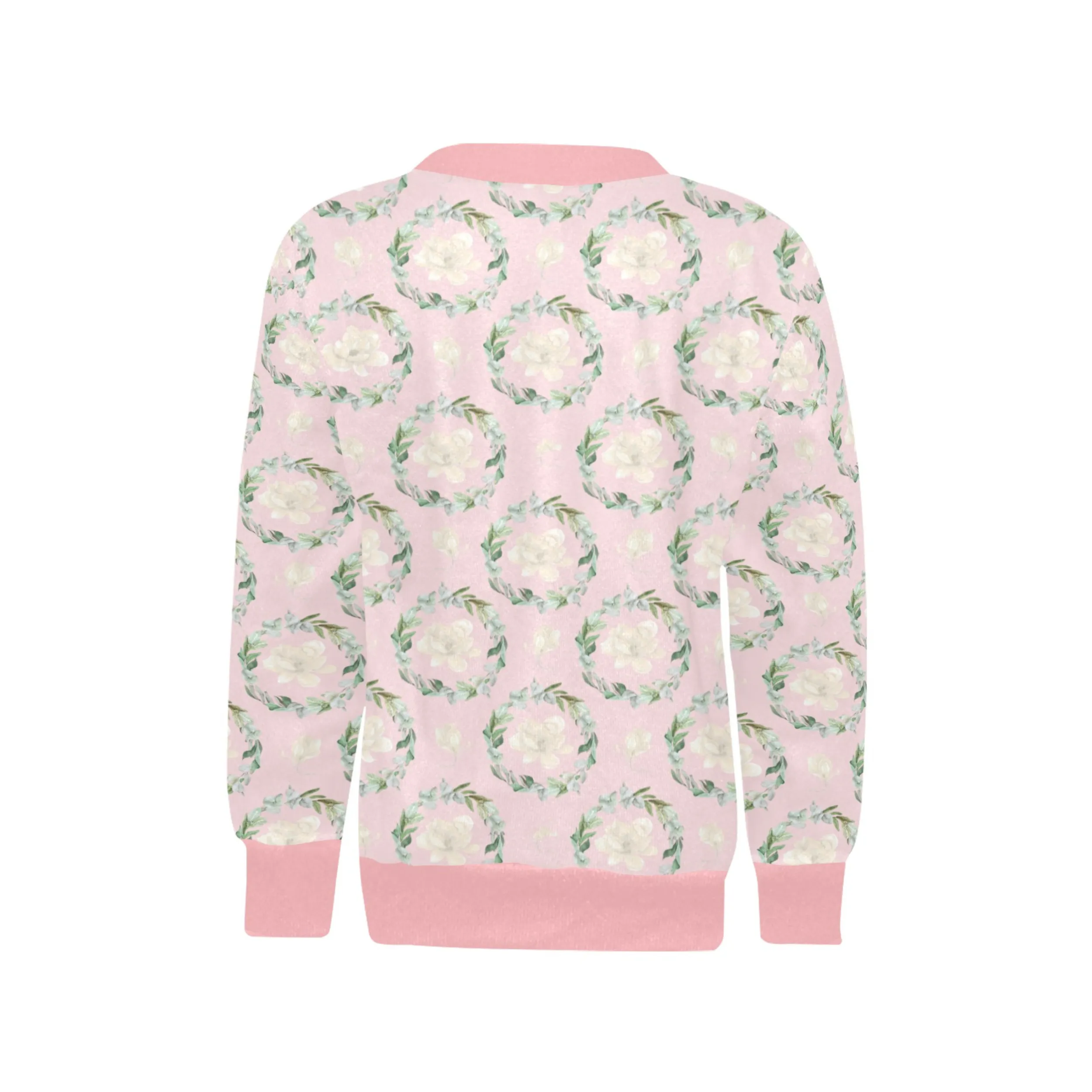Pink Magnolia Crew Neck Sweatshirt | Soft Pink and Blue All Over Print | Cozy Fall & Winter Wardrobe Essential
