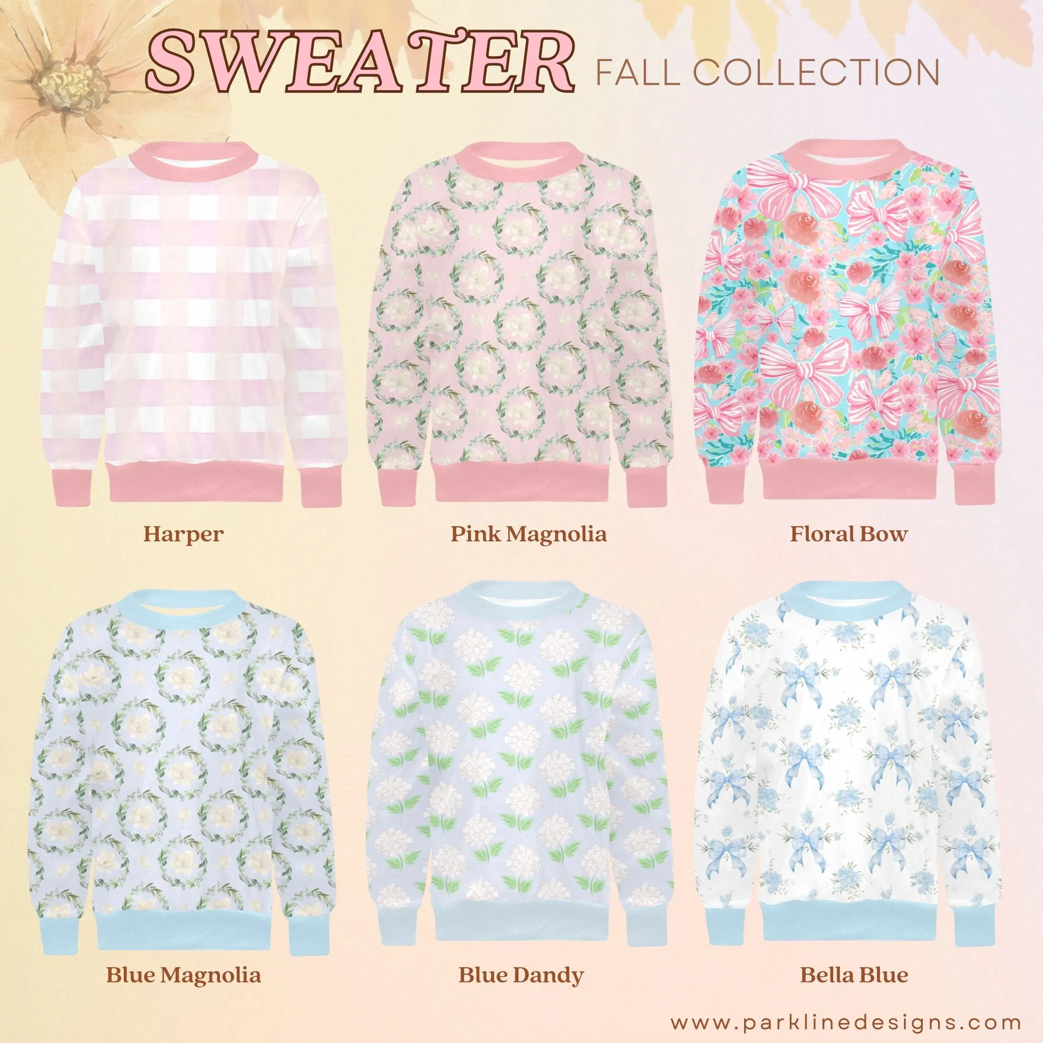 Pink Magnolia Crew Neck Sweatshirt | Soft Pink and Blue All Over Print | Cozy Fall & Winter Wardrobe Essential