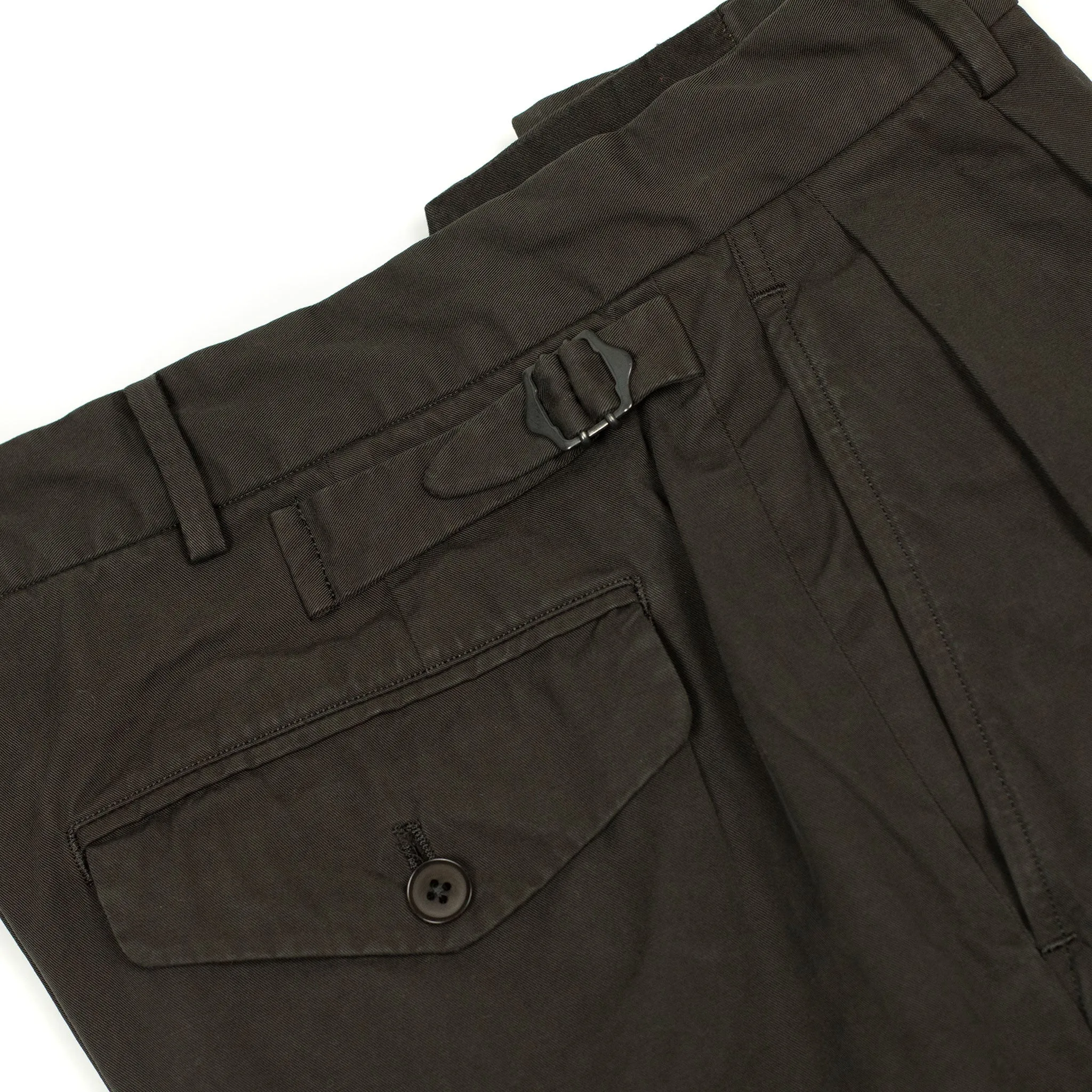 Pleated side-tab trousers in chocolate garment-dyed cotton twill double cloth