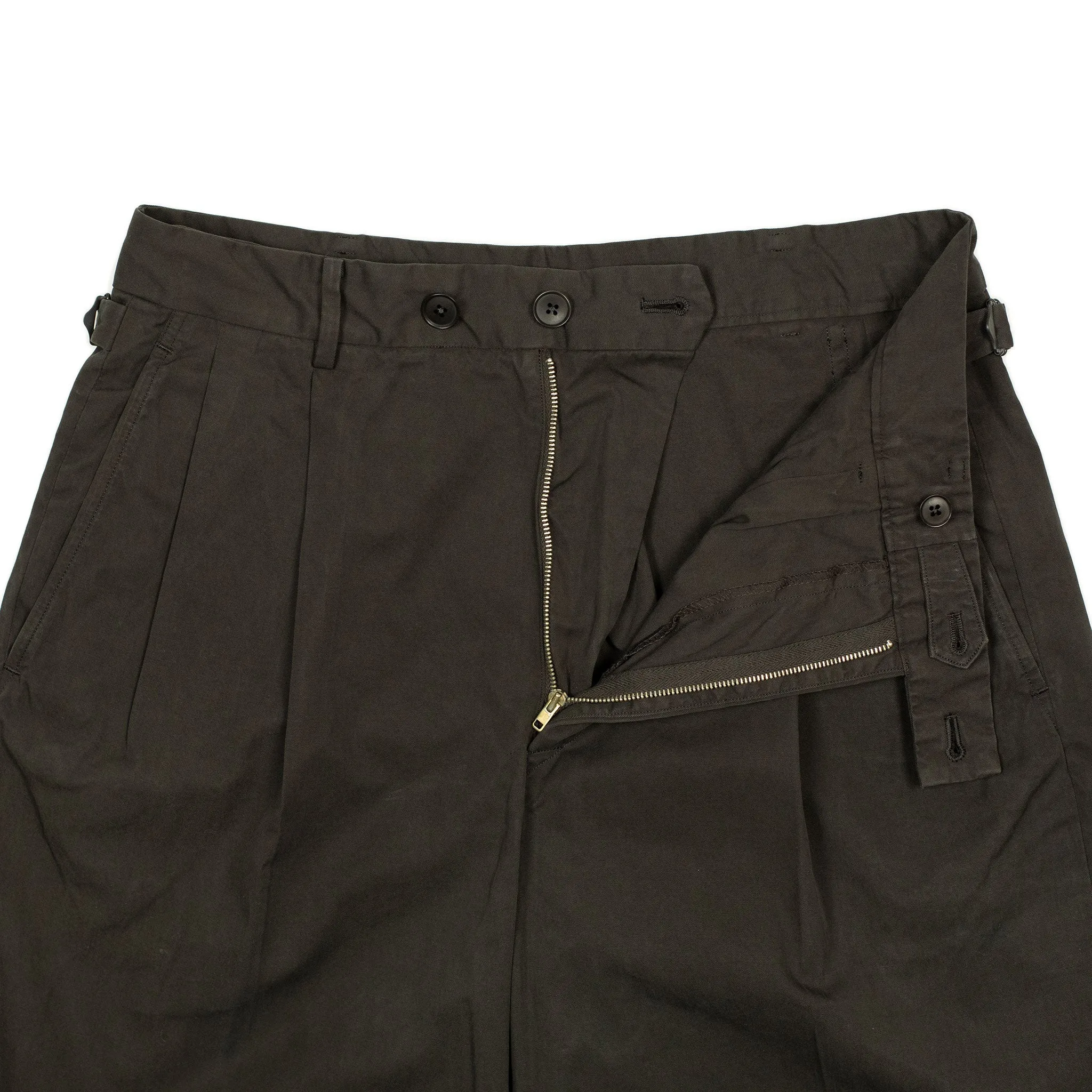 Pleated side-tab trousers in chocolate garment-dyed cotton twill double cloth