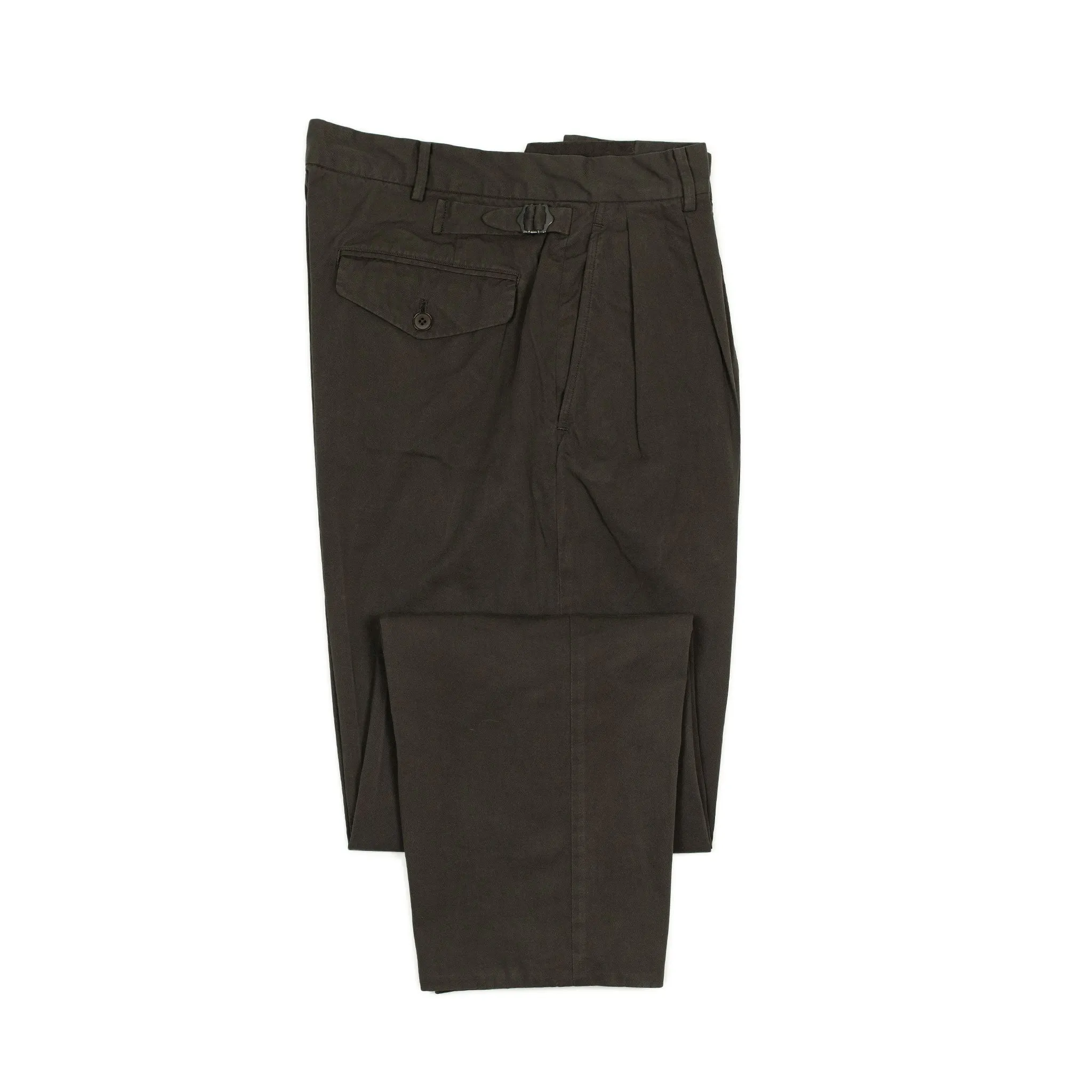 Pleated side-tab trousers in chocolate garment-dyed cotton twill double cloth