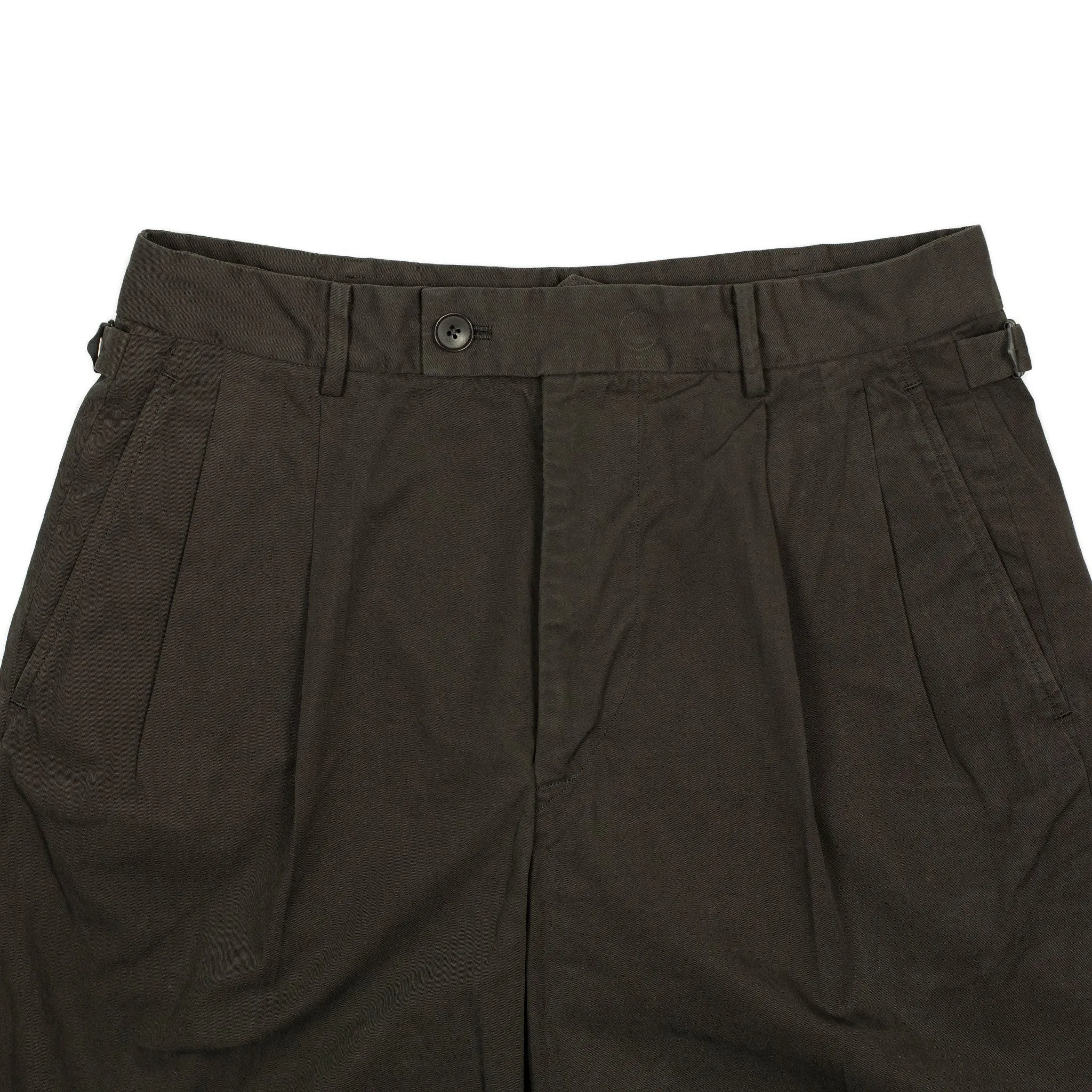 Pleated side-tab trousers in chocolate garment-dyed cotton twill double cloth
