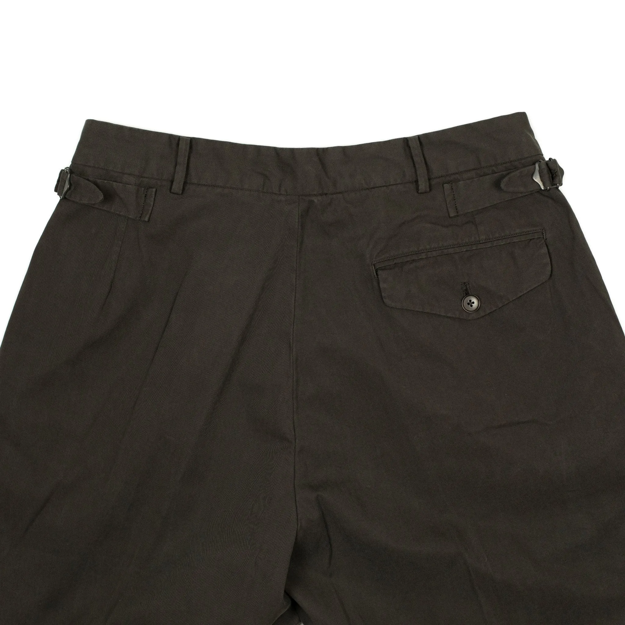 Pleated side-tab trousers in chocolate garment-dyed cotton twill double cloth