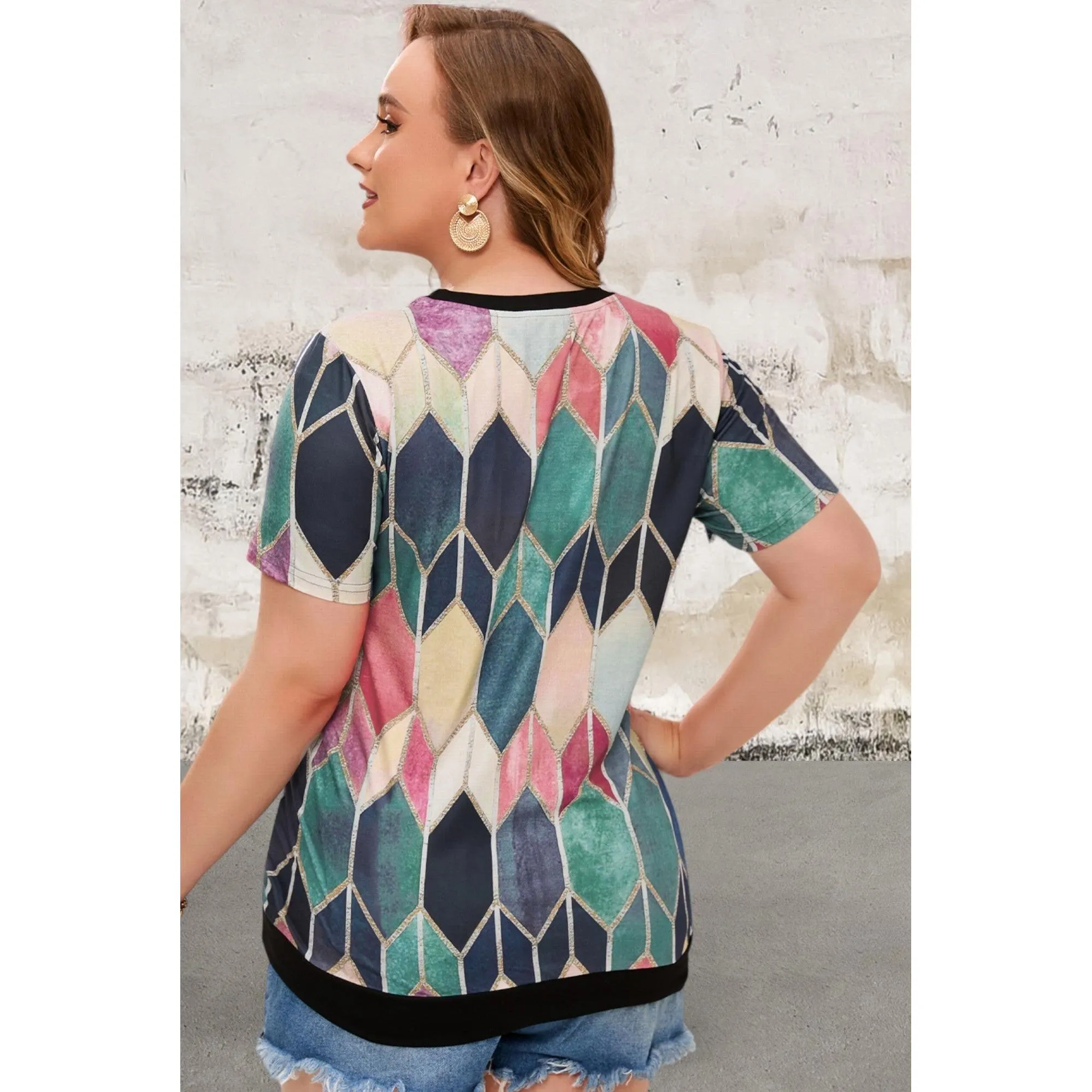 Plus Size Pink Crew Neck Tie-dye Colorblock Top