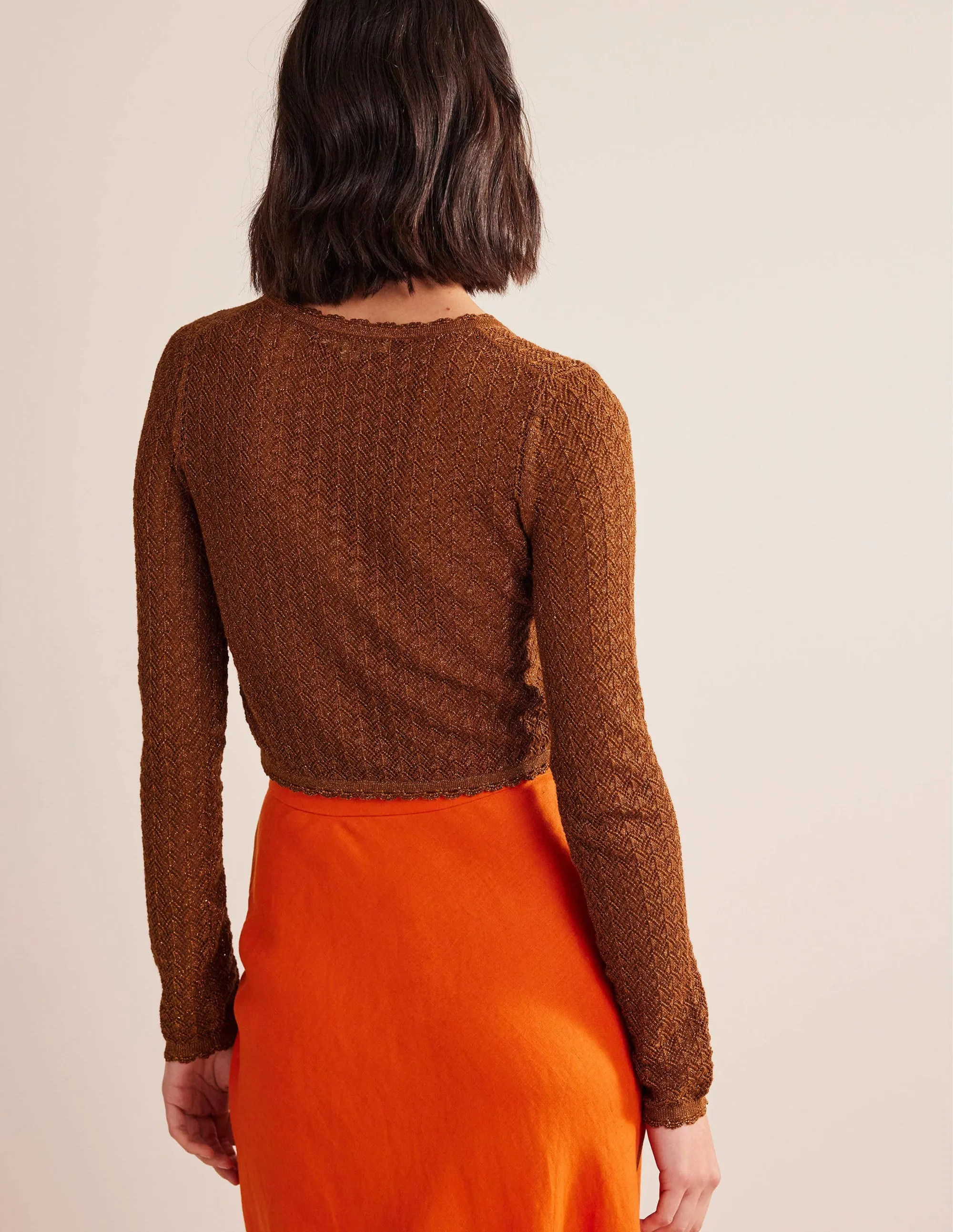 Pointelle Cropped Cardigan-Cognac Bronze Gold Sparkle