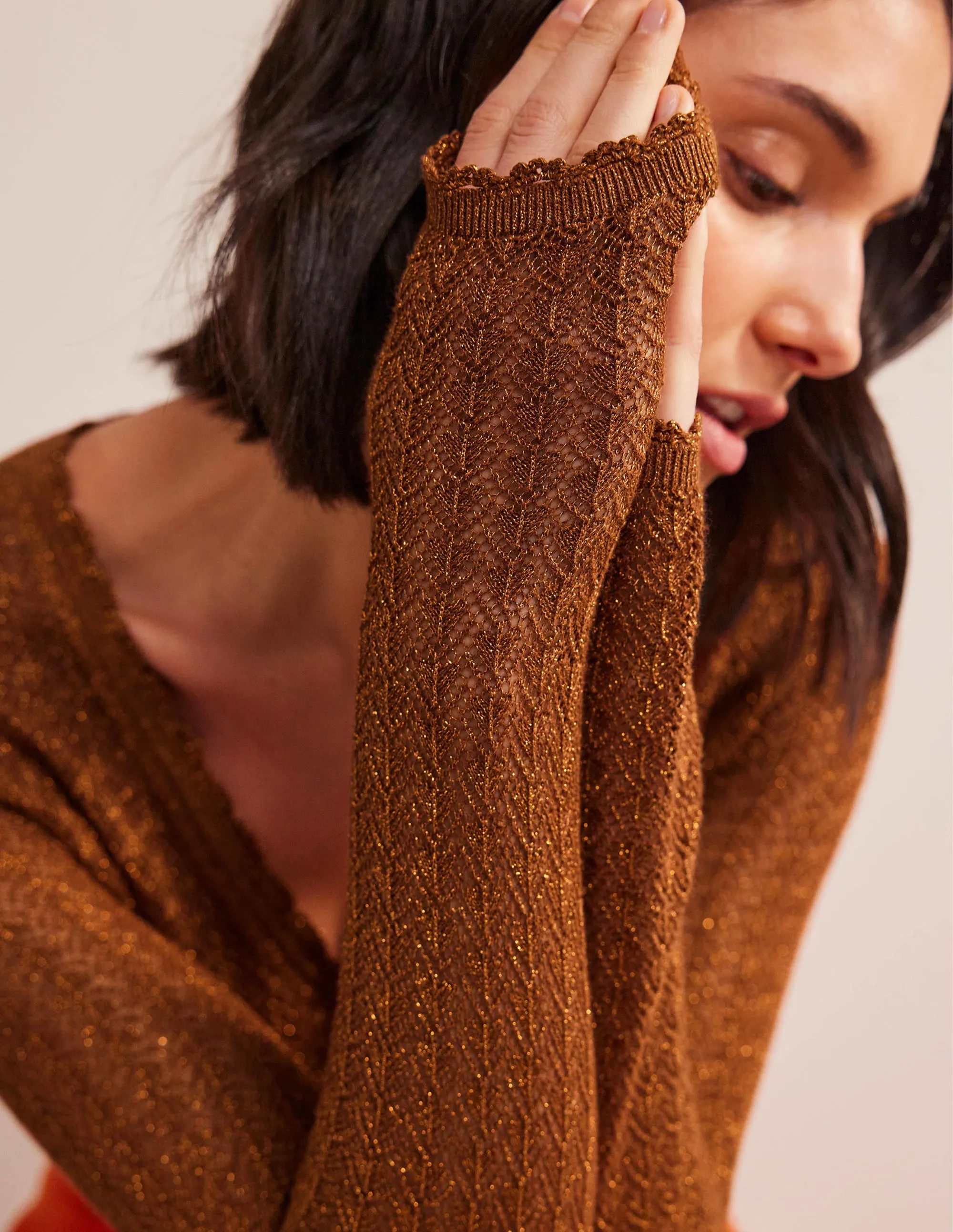 Pointelle Cropped Cardigan-Cognac Bronze Gold Sparkle