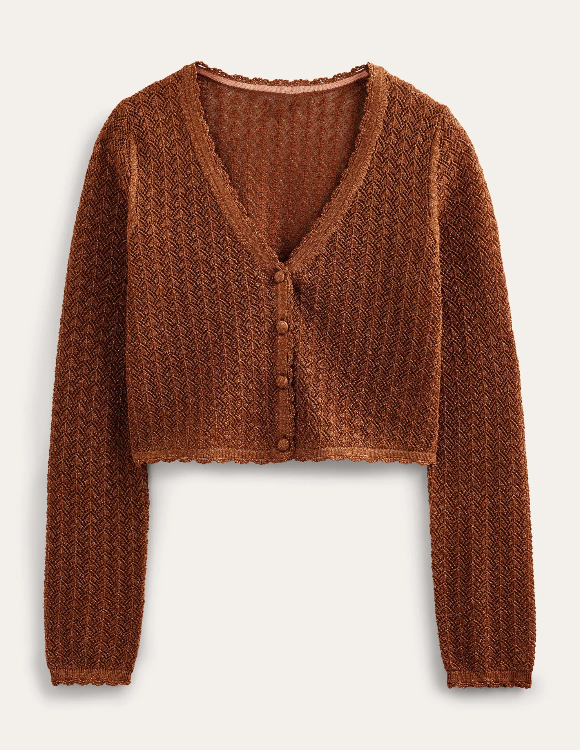 Pointelle Cropped Cardigan-Cognac Bronze Gold Sparkle
