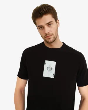 Rare Rabbit Men Caf Black Cotton Lycra Fabric Short Sleeve Crew Neck Regular Fit Graphic Print T-Shirt