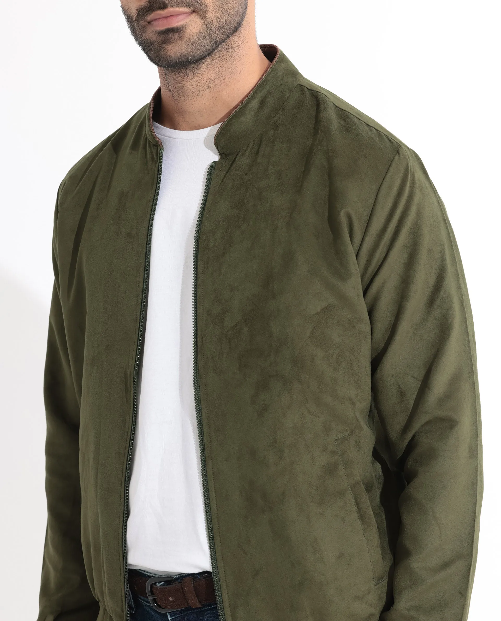 Rare Rabbit Men's Henron Green Plain Suede Bomber Jacket
