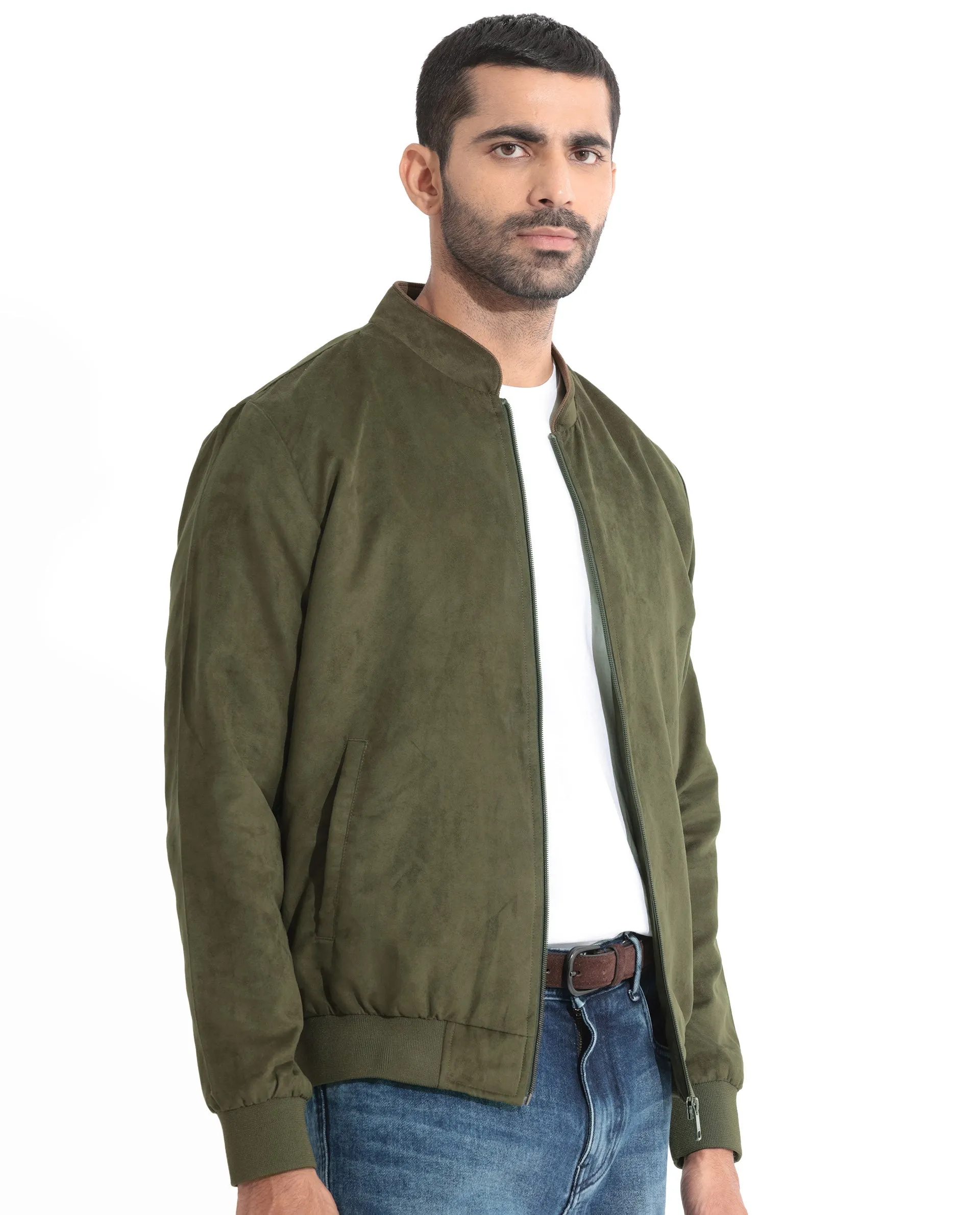 Rare Rabbit Men's Henron Green Plain Suede Bomber Jacket