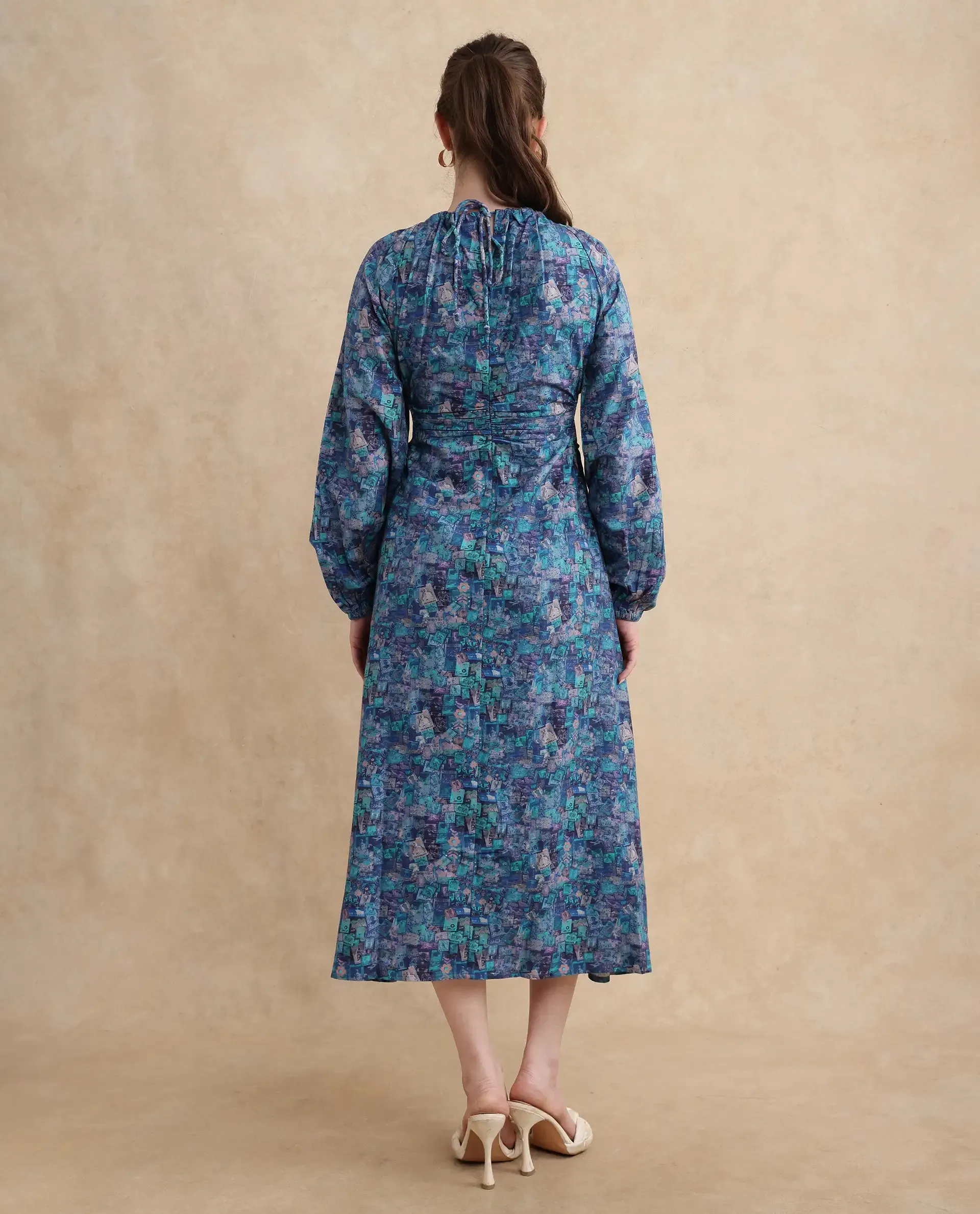 Rareism Women Gilf Blue Maxi Round Neck A-Line Maxi Object Print Dress