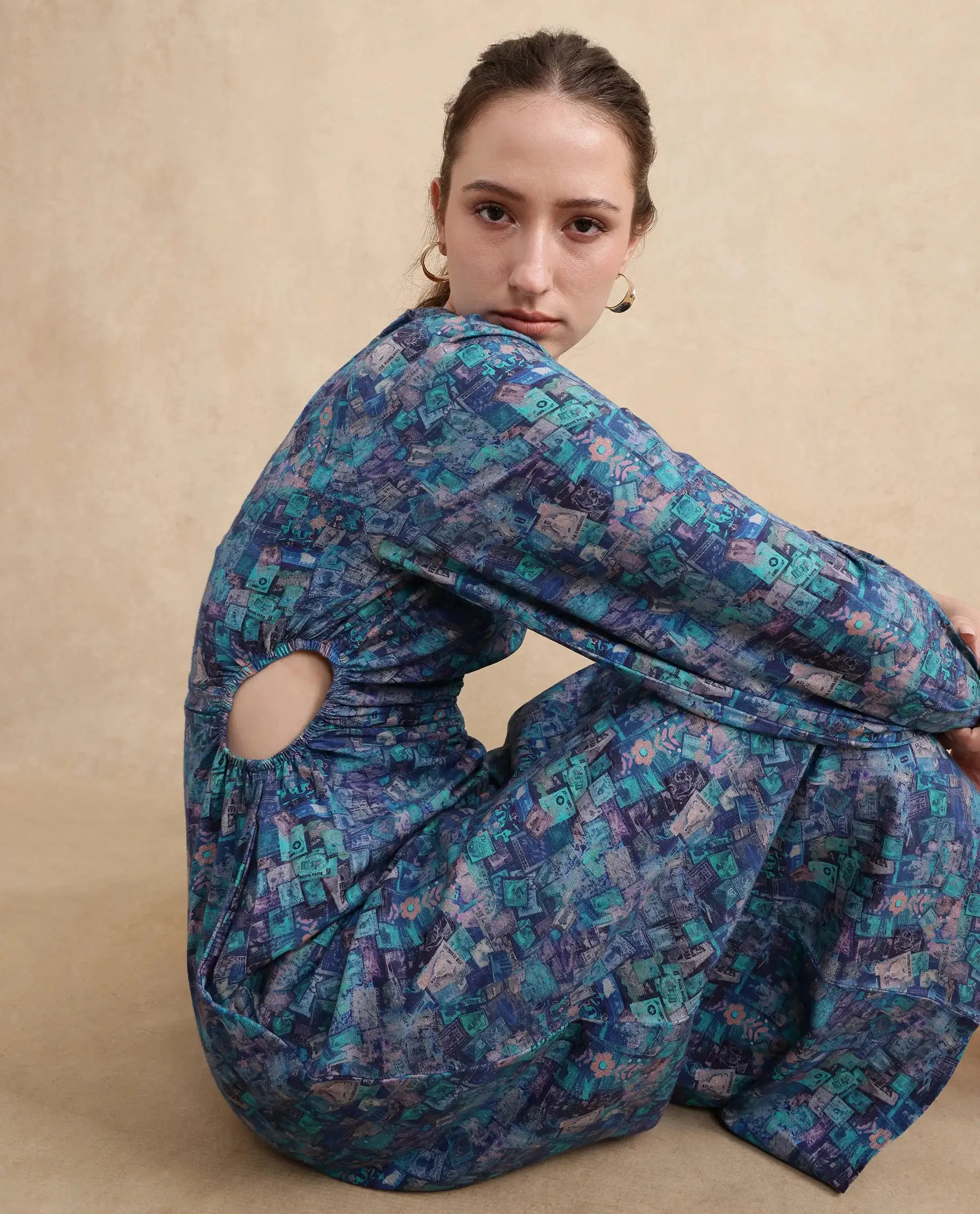 Rareism Women Gilf Blue Maxi Round Neck A-Line Maxi Object Print Dress